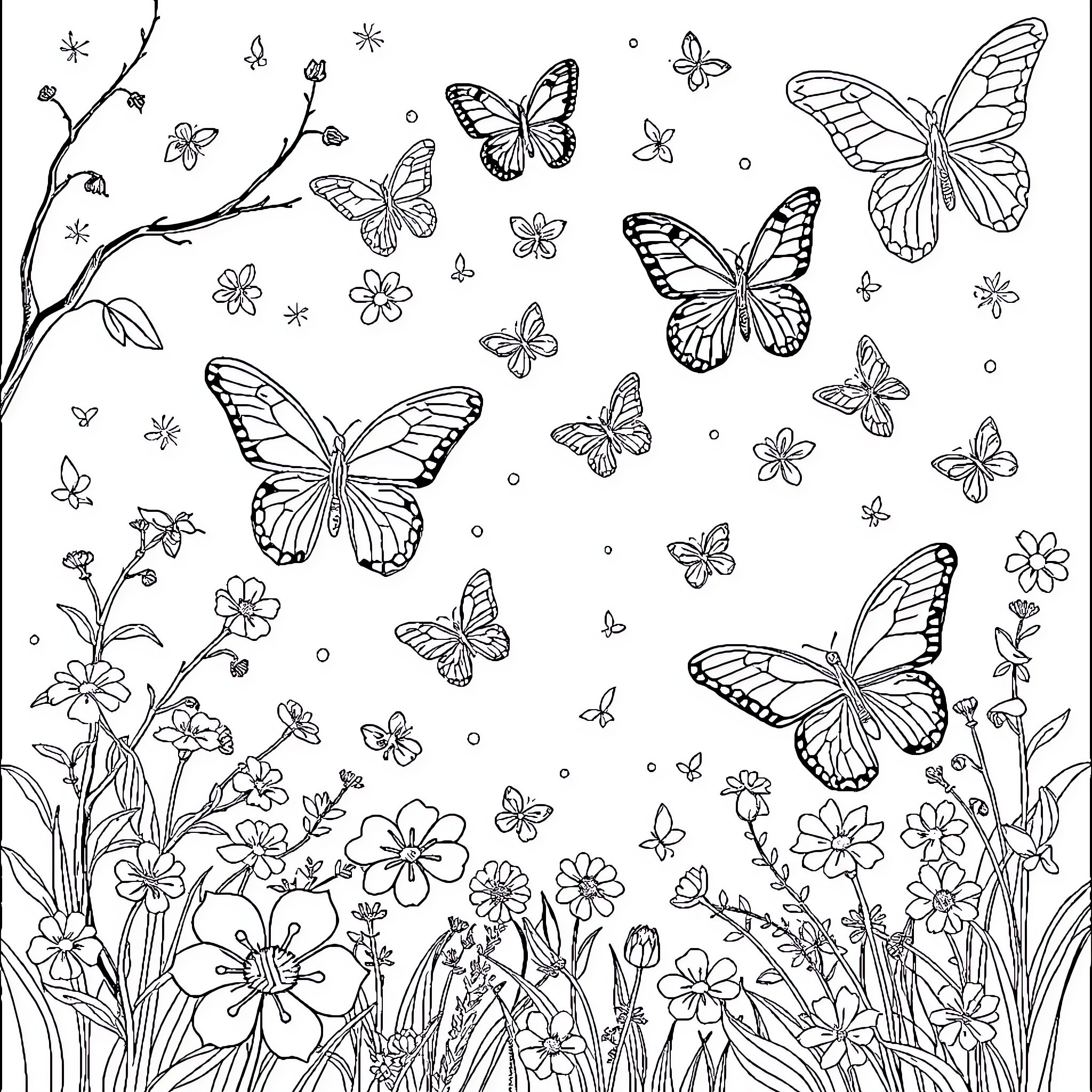 Butterfly meadow with fluttering butterflies Coloring Page (free black-and-white line drawing printable PDF for all, from beginners to advanced learners, including children, teens, adults, and seniors)