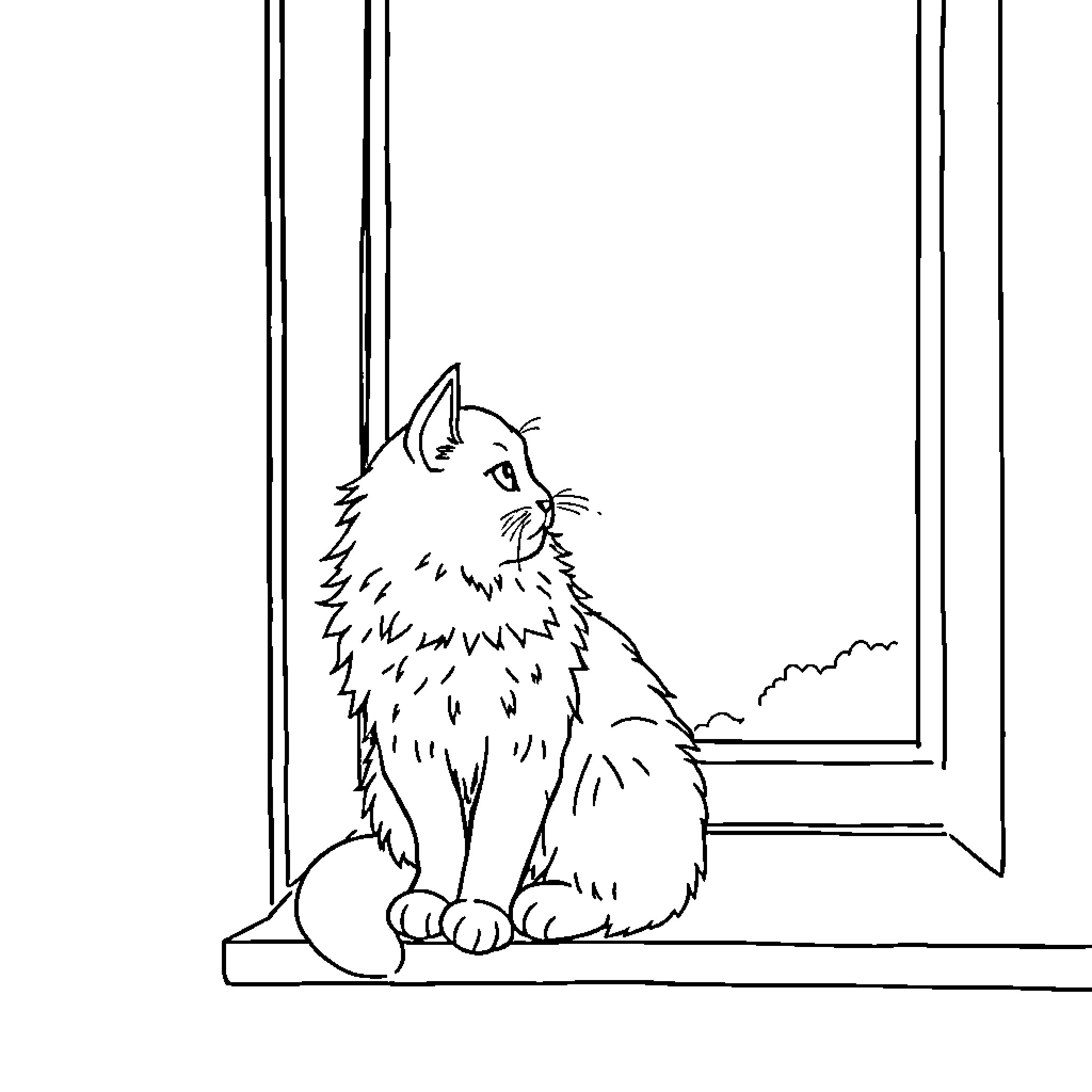Cat sitting by the window Coloring Page (free black-and-white line drawing printable PDF for all, from beginners to advanced learners, including children, teens, adults, and seniors)
