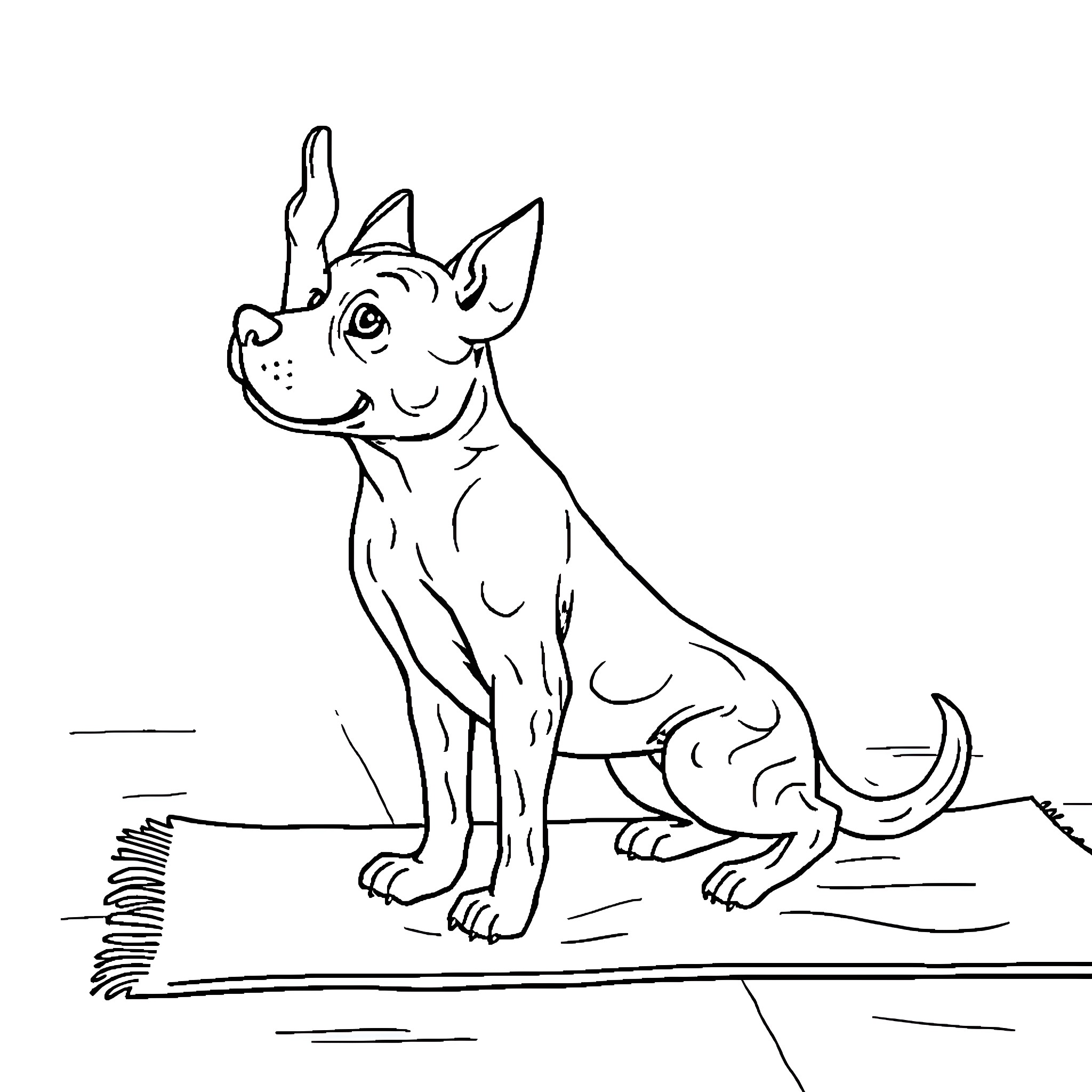 Dog sitting happily on a rug Coloring Page (free black-and-white line drawing printable PDF for all, from beginners to advanced learners, including children, teens, adults, and seniors)