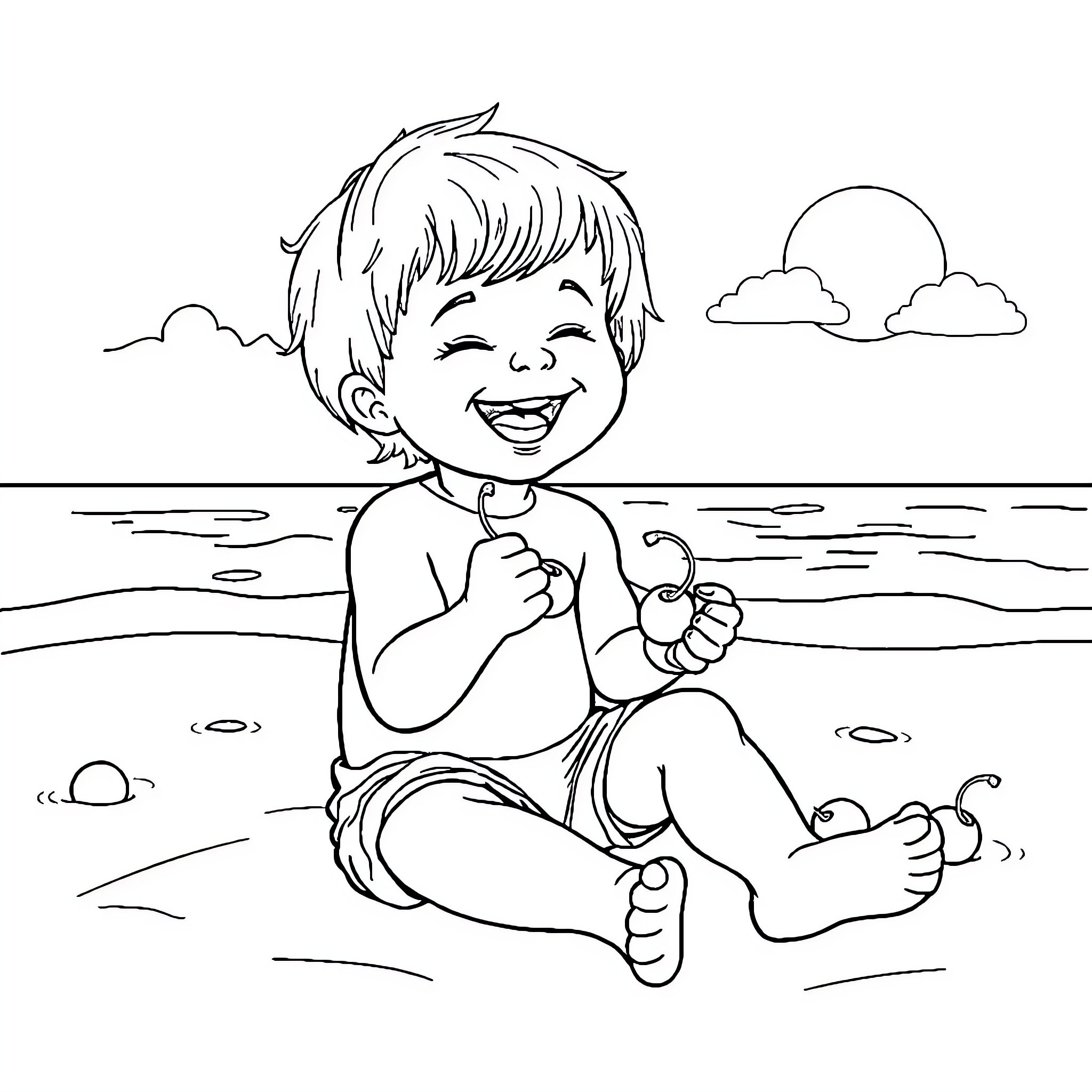 Child playing happily at the beach Coloring Page (free black-and-white line drawing printable PDF for all, from beginners to advanced learners, including children, teens, adults, and seniors)