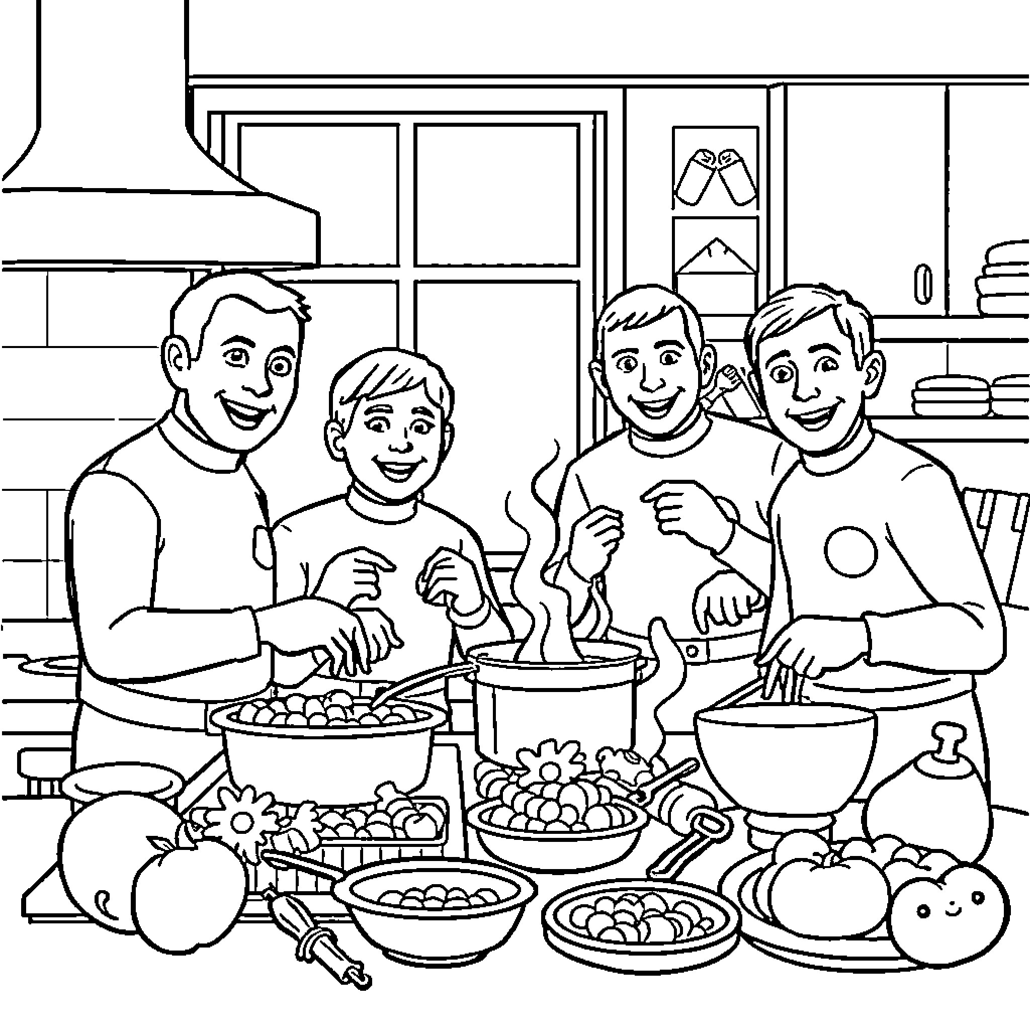 Wiggle and Dine with Family in the Kitchen Coloring Page (free black-and-white line drawing printable PDF for all, from beginners to advanced learners, including children, teens, adults, and seniors)