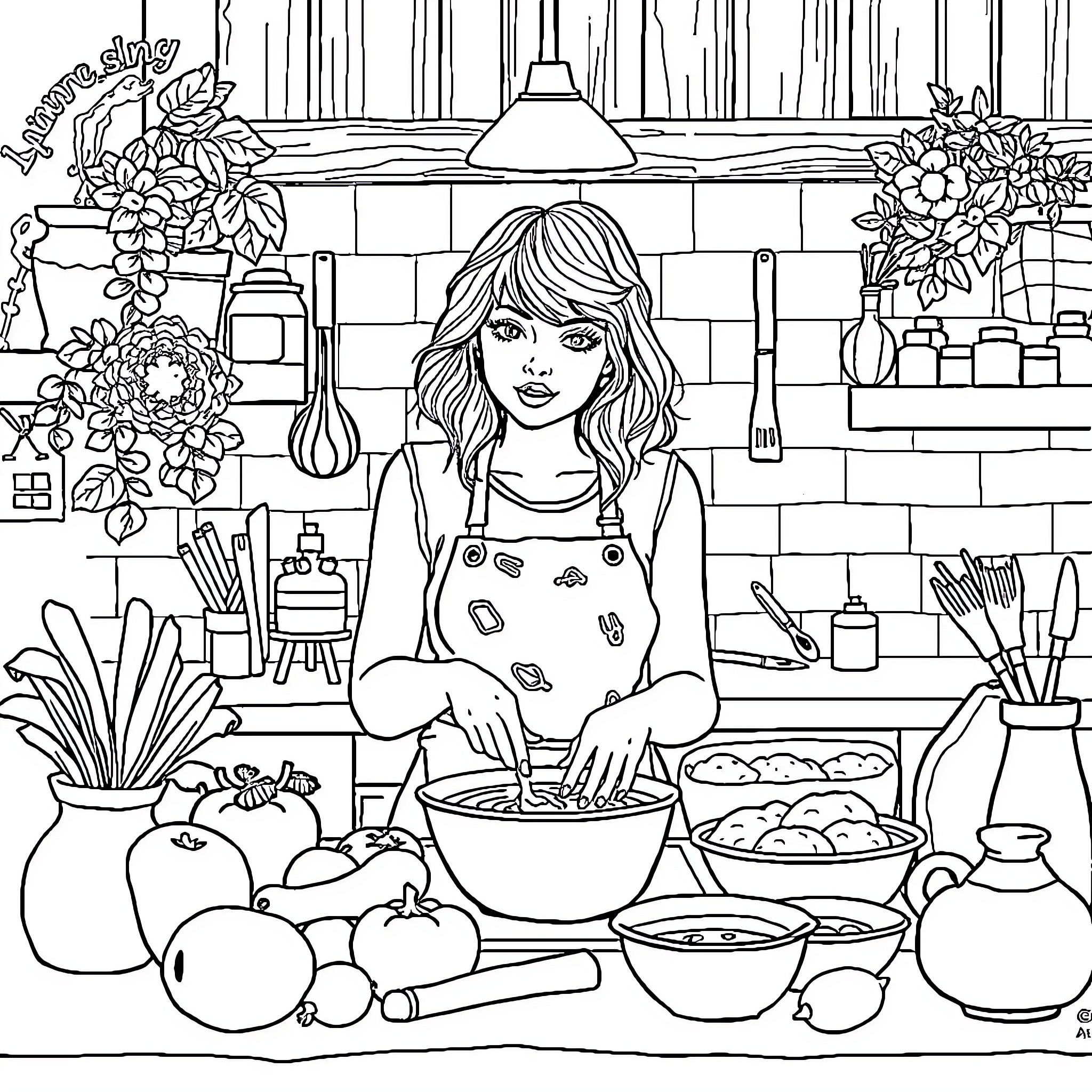Taylor Swift Cooking in a Cozy Kitchen Coloring Page (free black-and-white line drawing printable PDF for all, from beginners to advanced learners, including children, teens, adults, and seniors)