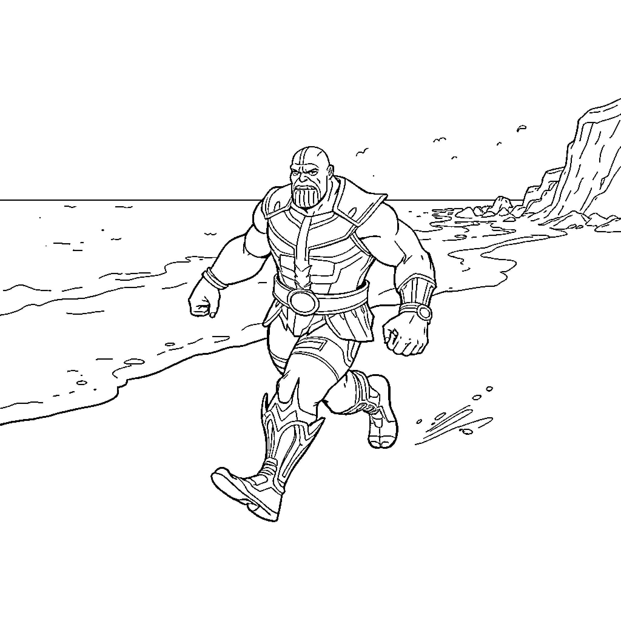 Thanos Running Across a Desolate Beach Coloring Page (free black-and-white line drawing printable PDF for all, from beginners to advanced learners, including children, teens, adults, and seniors)