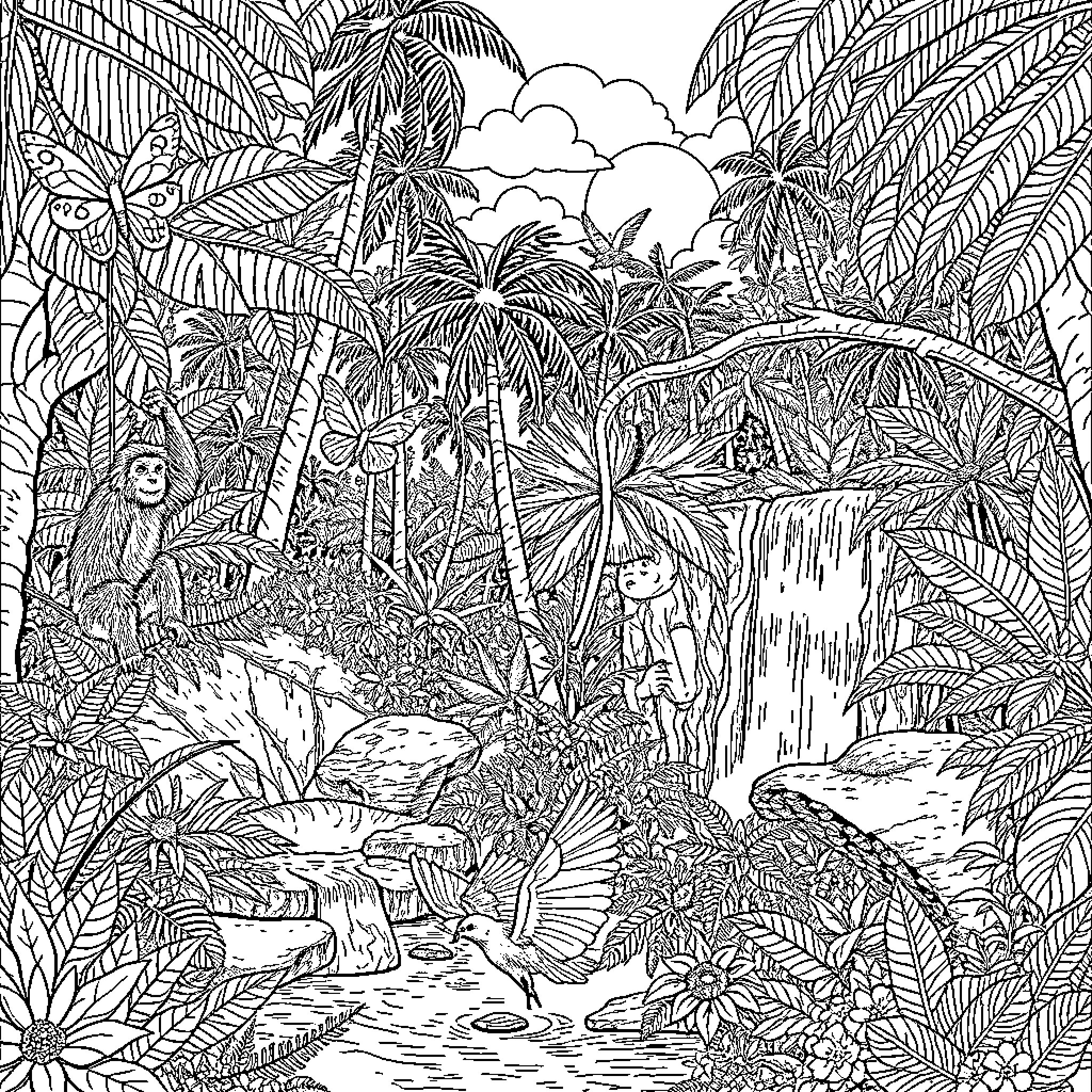 Forest Landscape with Waterfall and Wildlife Coloring Page (free black-and-white line drawing printable PDF for all, from beginners to advanced learners, including children, teens, adults, and seniors)