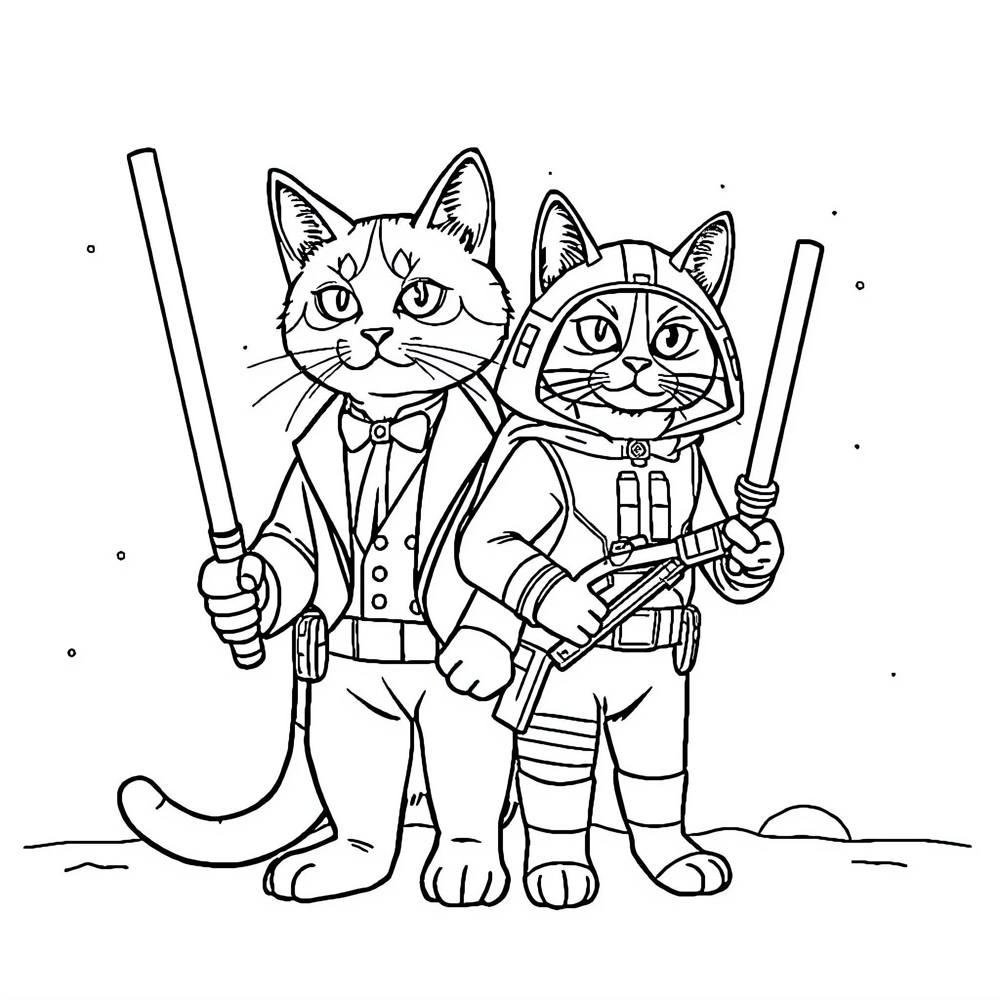 Cats in Costume as Space Adventurers Coloring Page (free black-and-white line drawing printable PDF for all, from beginners to advanced learners, including children, teens, adults, and seniors)