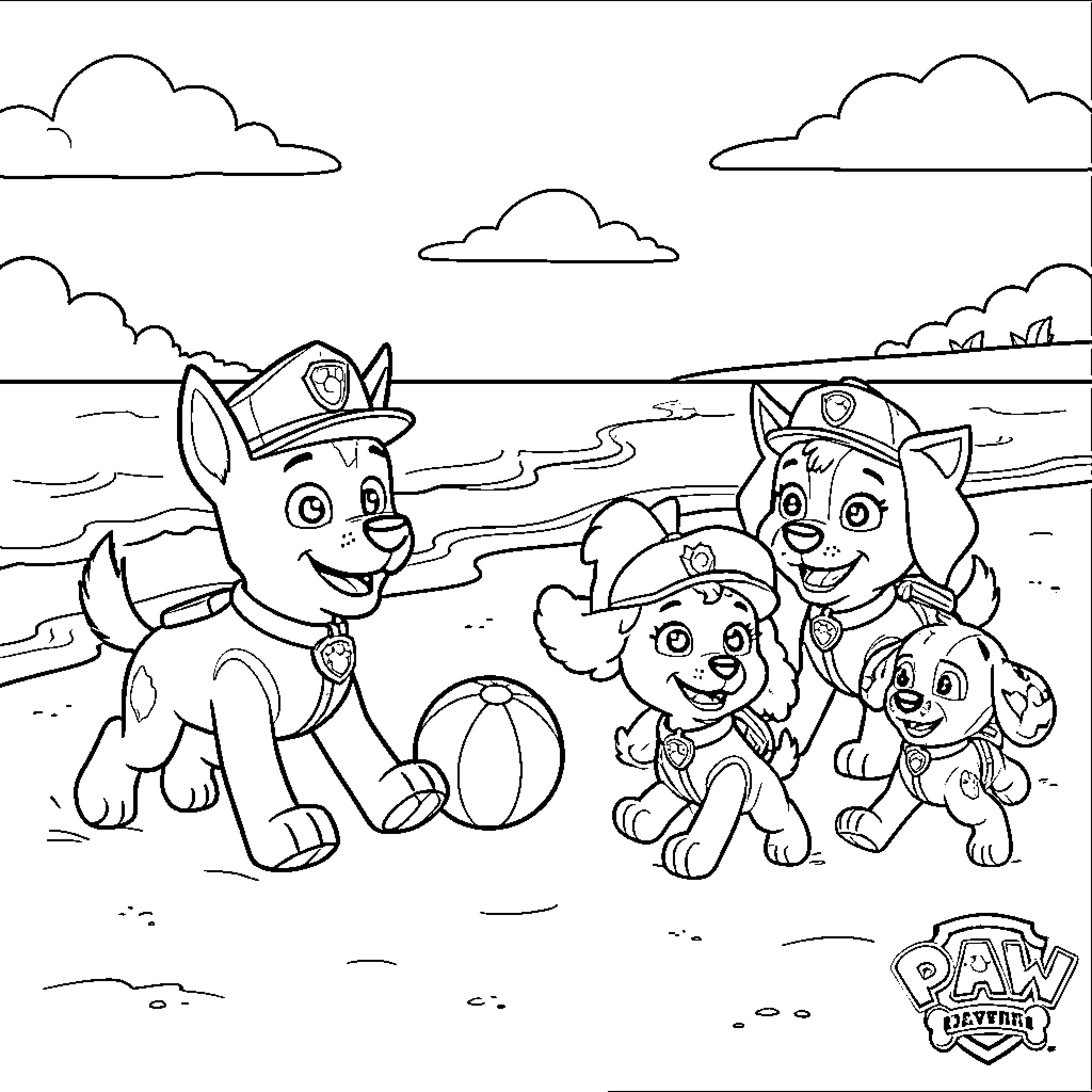 Rubben and puppy friends playing with a ball at the beach Coloring Page (free black-and-white line drawing printable PDF for all, from beginners to advanced learners, including children, teens, adults, and seniors)