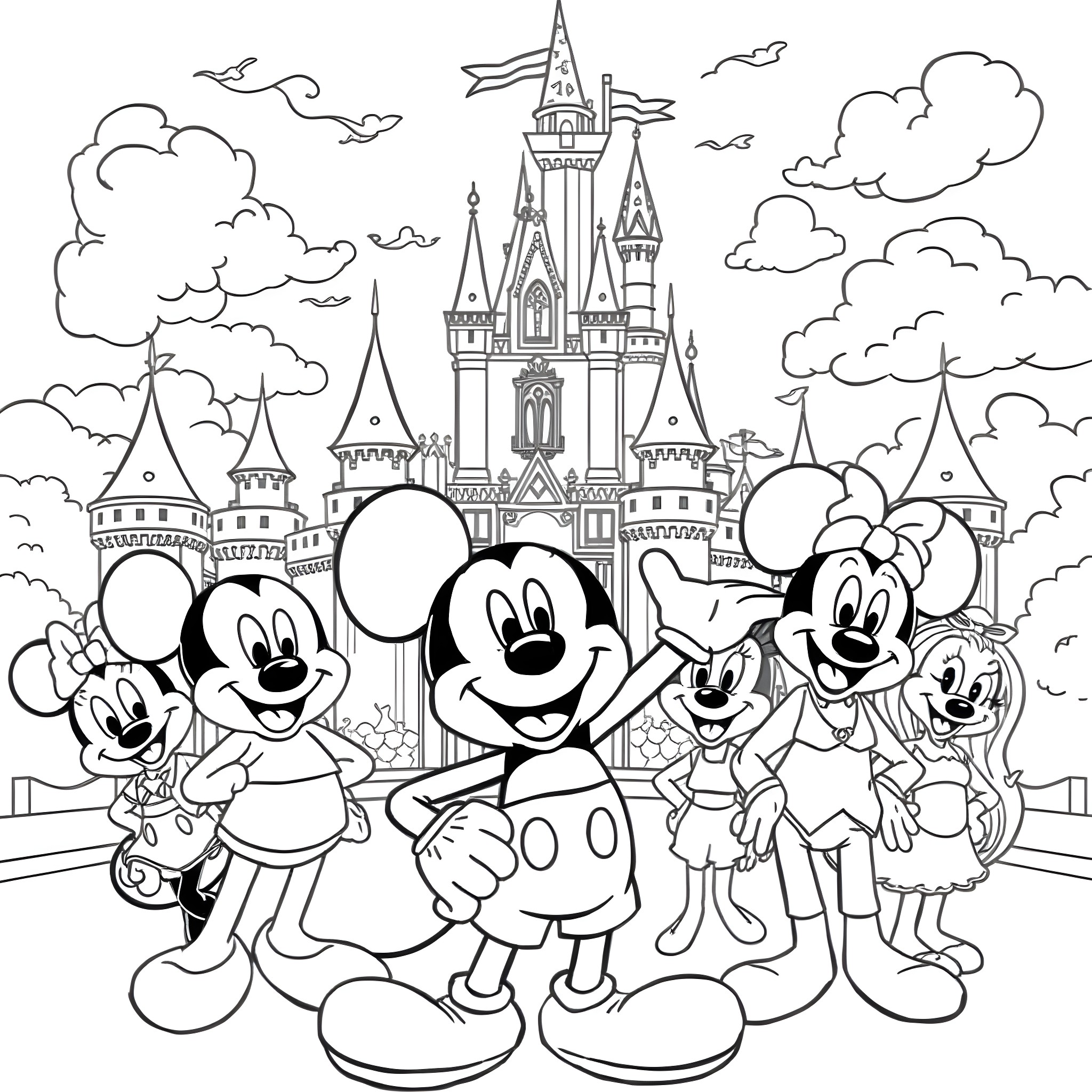Mickey Mouse and friends at the magical castle Coloring Page (free black-and-white line drawing printable PDF for all, from beginners to advanced learners, including children, teens, adults, and seniors)
