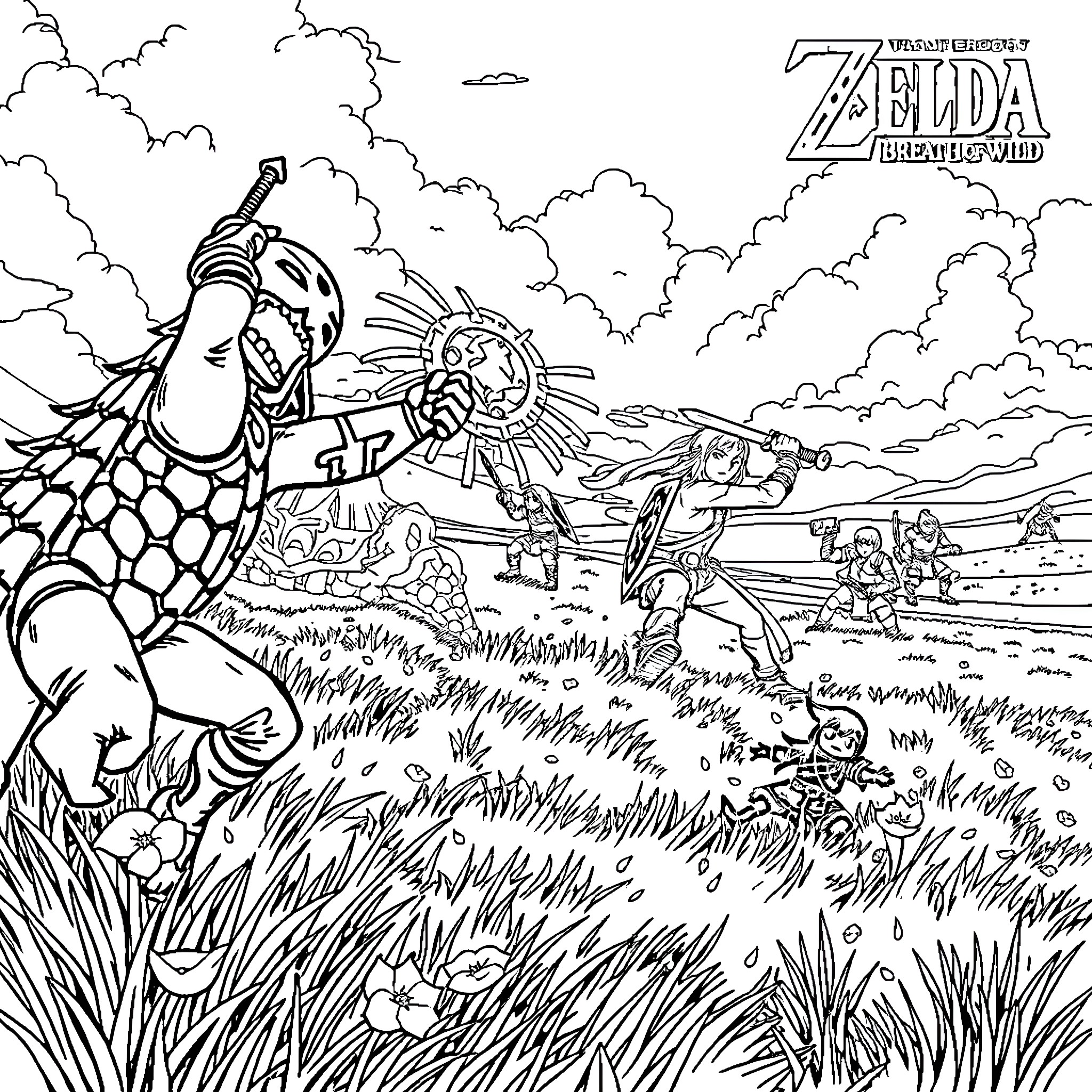 Link battles foes in a fantastical landscape Coloring Page (free black-and-white line drawing printable PDF for all, from beginners to advanced learners, including children, teens, adults, and seniors)