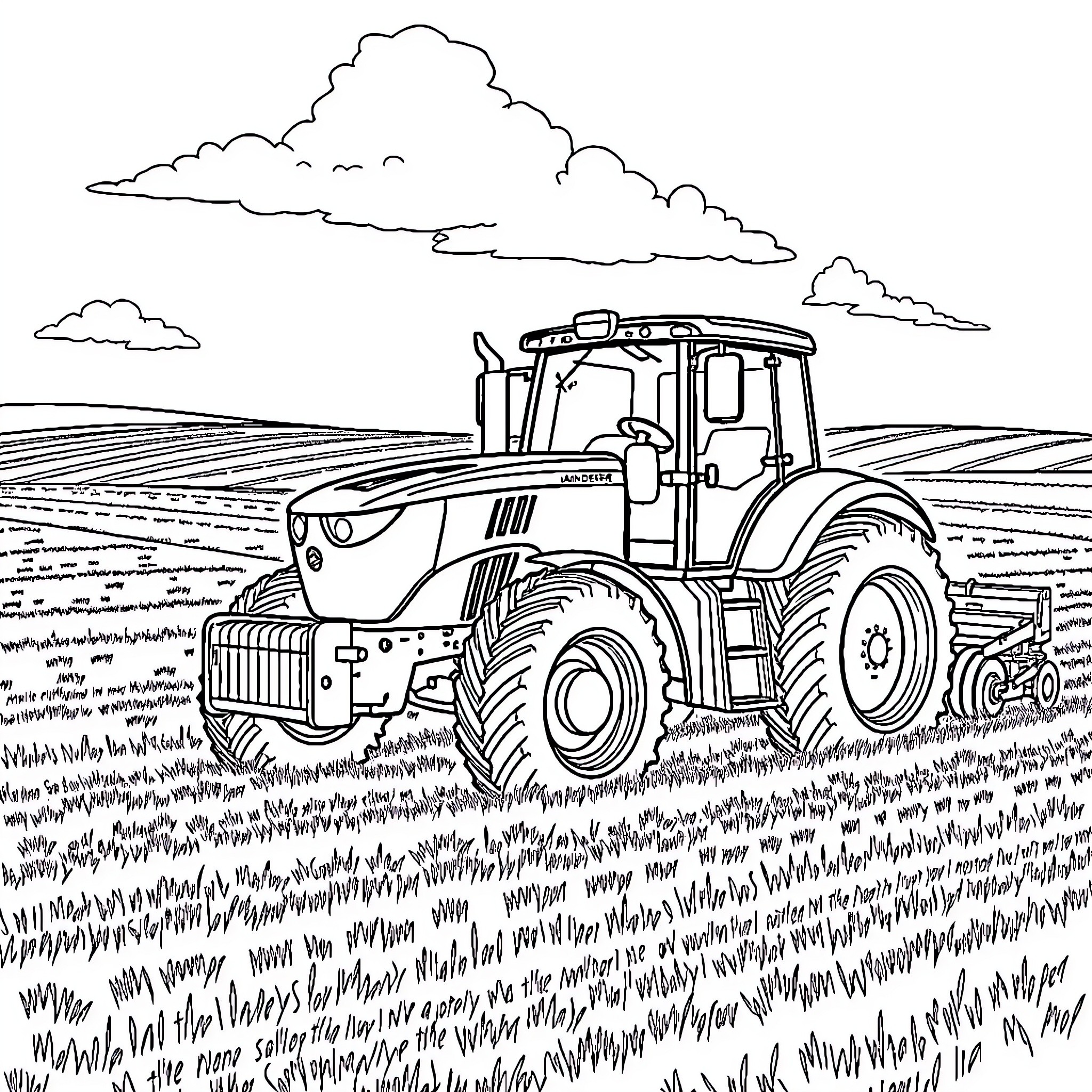 Tractor plowing through lush farmland Coloring Page (free black-and-white line drawing printable PDF for all, from beginners to advanced learners, including children, teens, adults, and seniors)
