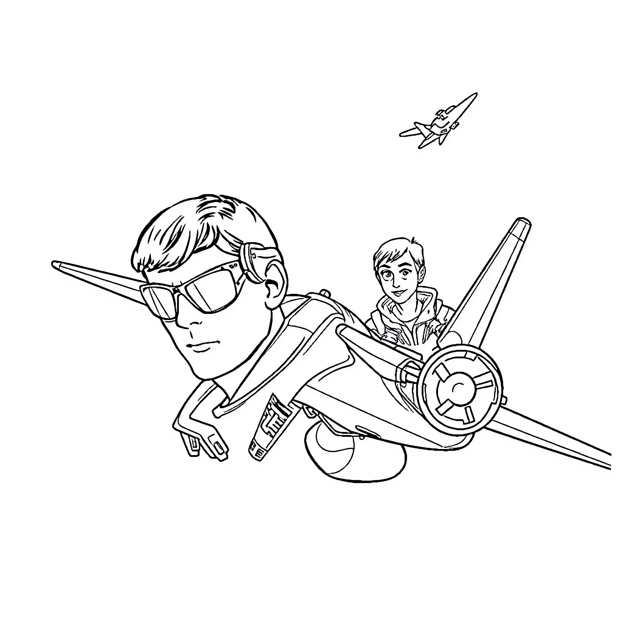 Top Gun - Pilots in action with fighter jets Coloring Page (free black-and-white line drawing printable PDF for all, from beginners to advanced learners, including children, teens, adults, and seniors)