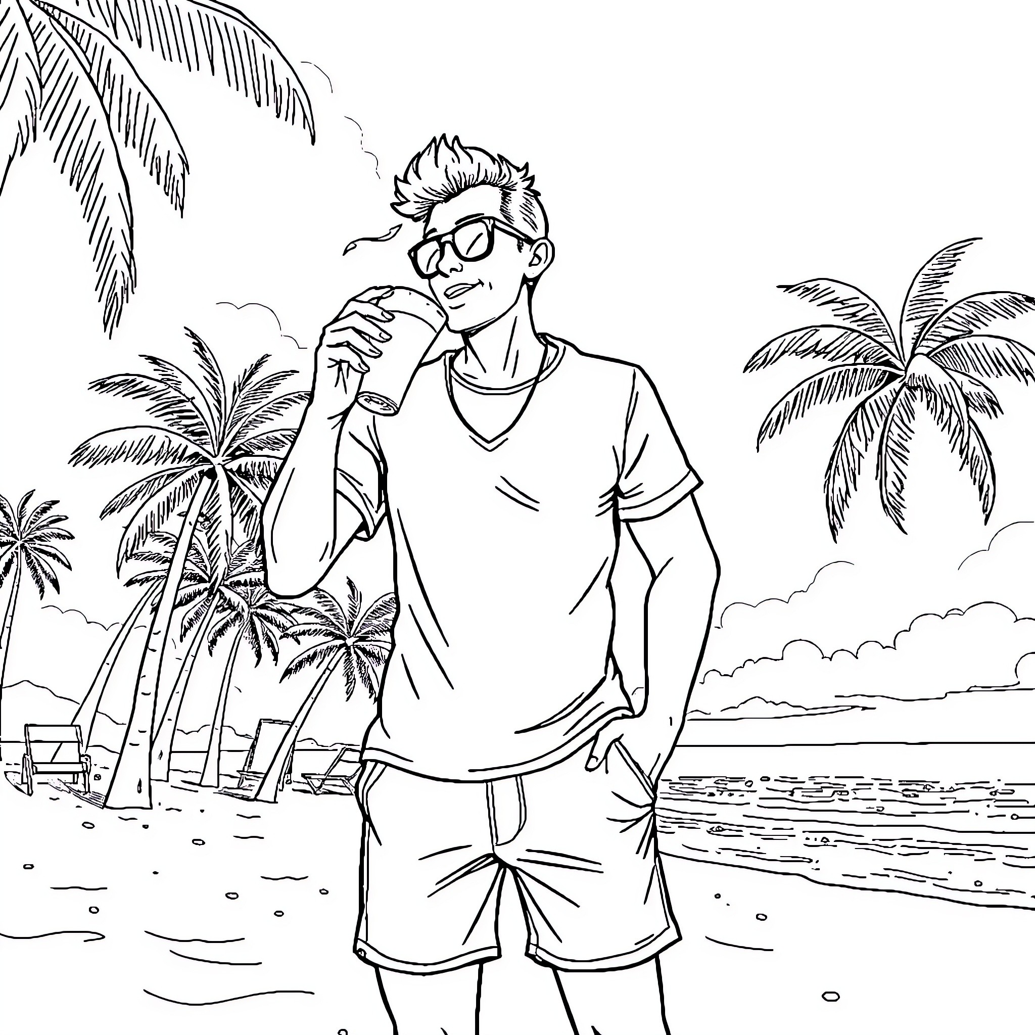American man enjoying a tropical beach vacation Coloring Page (free black-and-white line drawing printable PDF for all, from beginners to advanced learners, including children, teens, adults, and seniors)