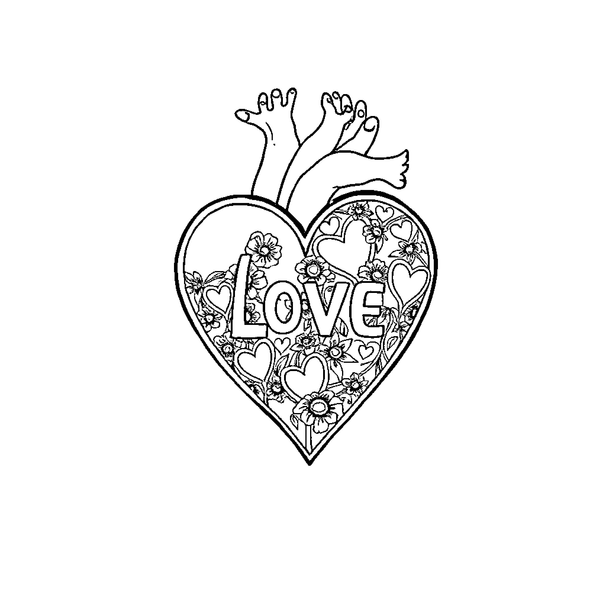 Heart shaped design filled with flowers and feet Coloring Page (free black-and-white line drawing printable PDF for all, from beginners to advanced learners, including children, teens, adults, and seniors)
