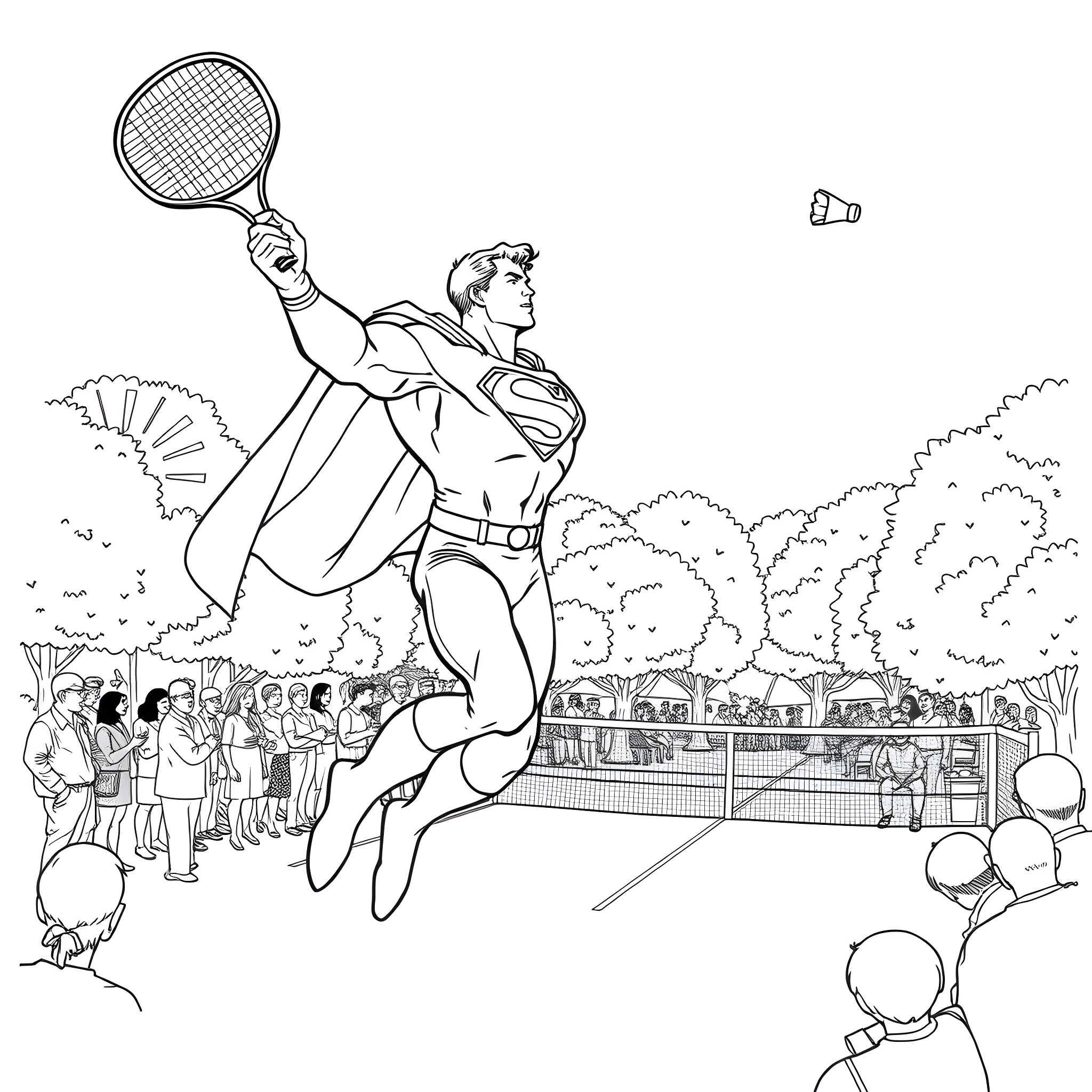 Superman playing tennis in a public park Coloring Page (free black-and-white line drawing printable PDF for all, from beginners to advanced learners, including children, teens, adults, and seniors)