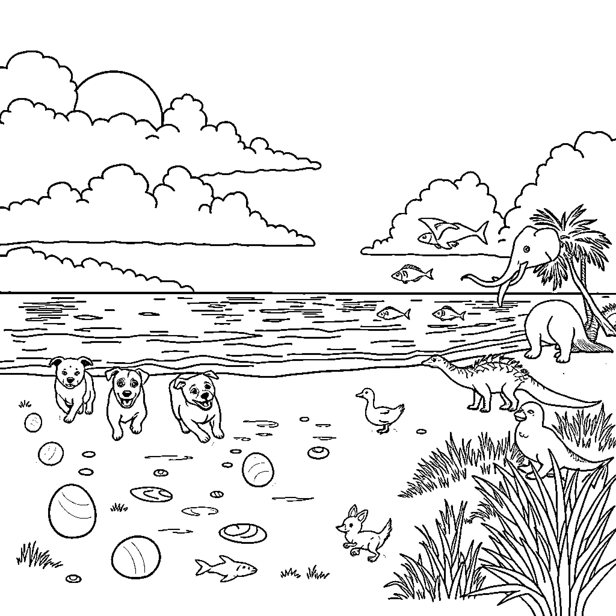 Dog Frolicking with Friends by the Tranquil Lake Coloring Page (free black-and-white line drawing printable PDF for all, from beginners to advanced learners, including children, teens, adults, and seniors)
