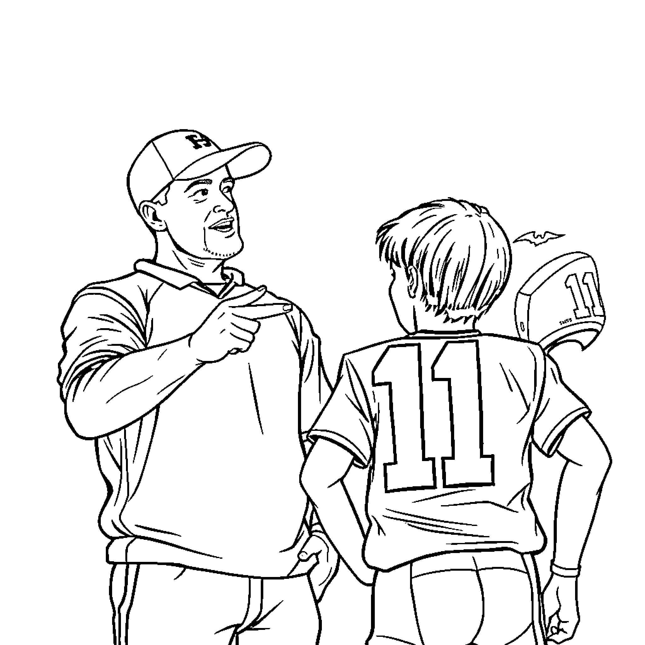 Football Coach Providing Guidance to Player on the Field Coloring Page (free black-and-white line drawing printable PDF for all, from beginners to advanced learners, including children, teens, adults, and seniors)