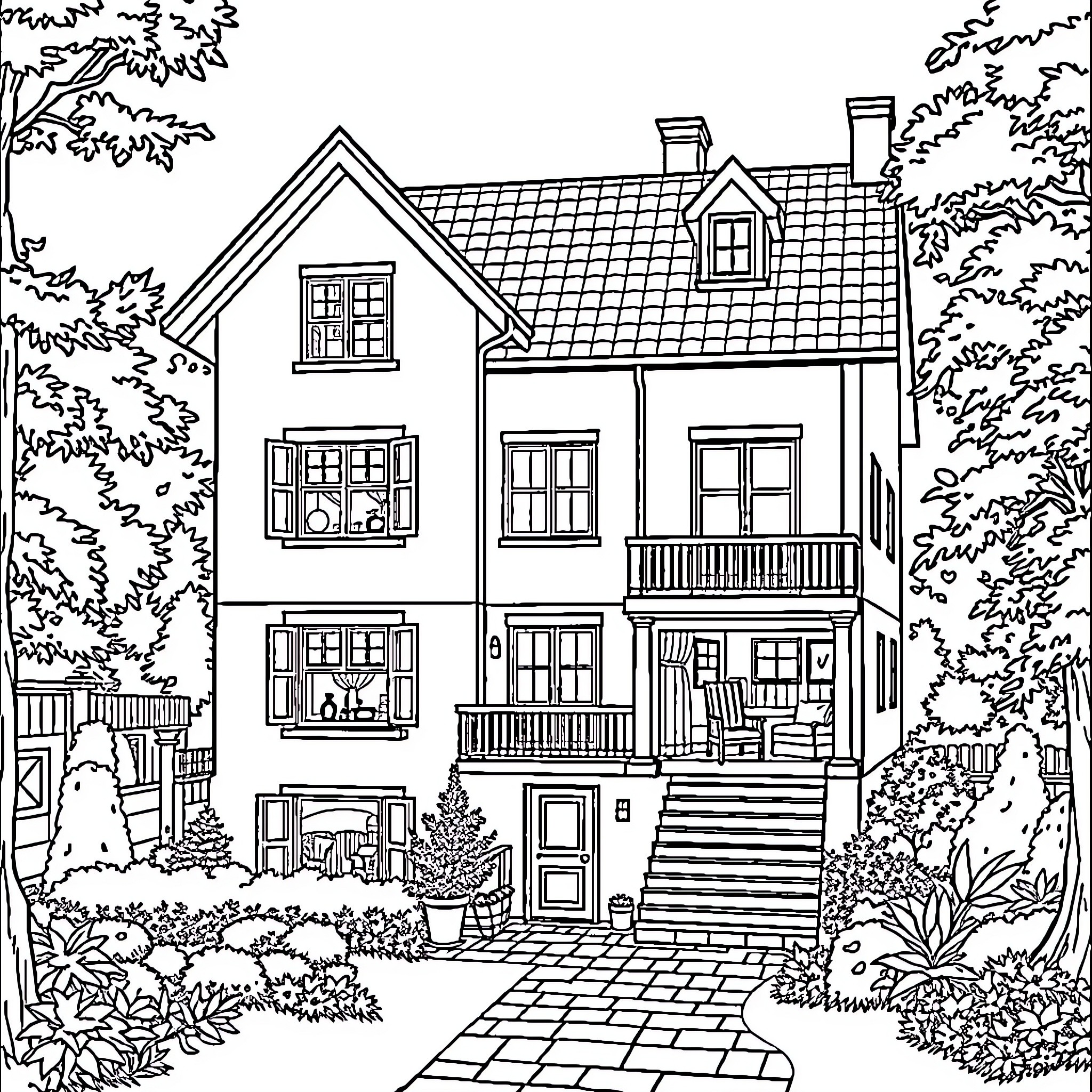 House with family enjoying outdoor activities Coloring Page (free black-and-white line drawing printable PDF for all, from beginners to advanced learners, including children, teens, adults, and seniors)