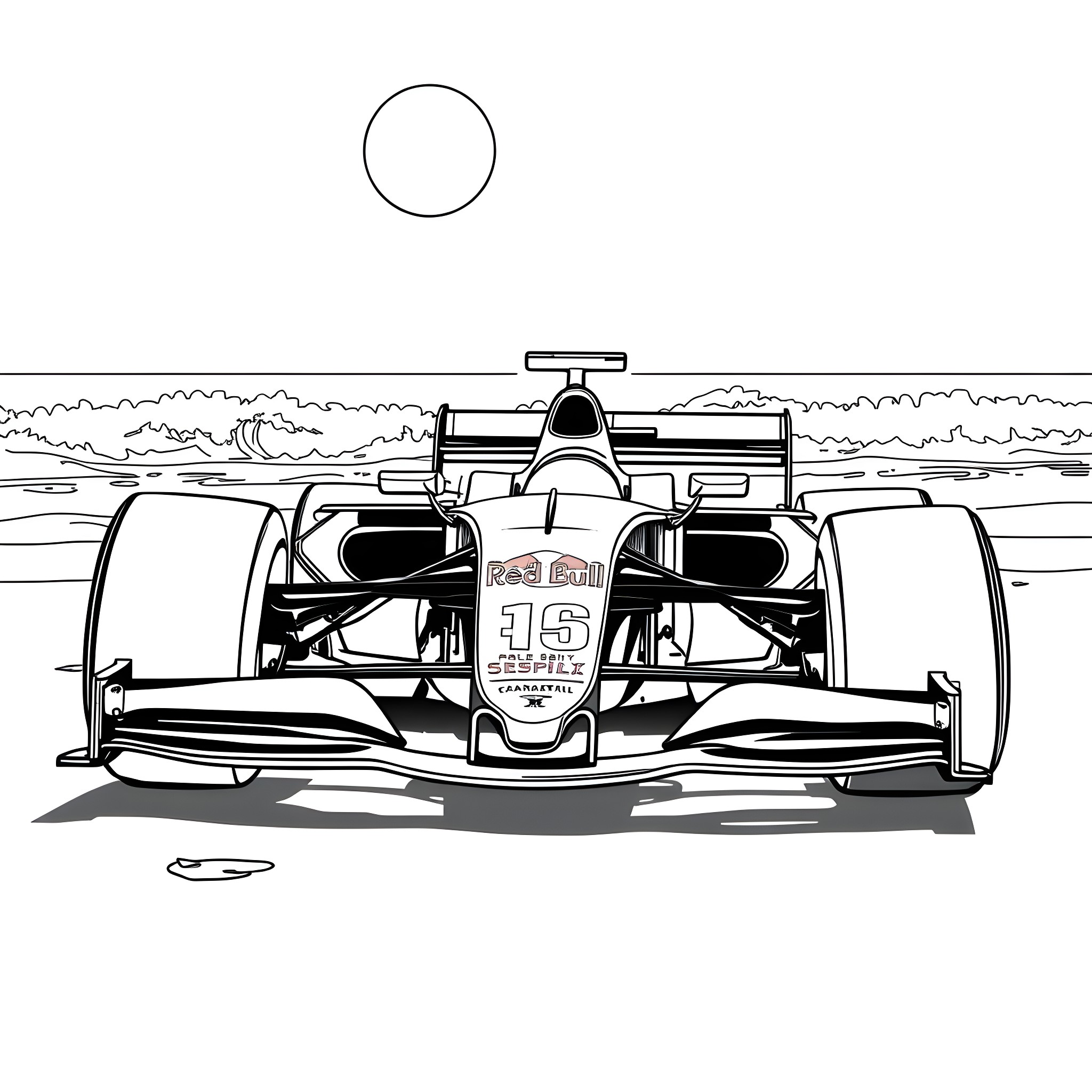 F1 Car speeding on the racetrack Coloring Page (free black-and-white line drawing printable PDF for all, from beginners to advanced learners, including children, teens, adults, and seniors)