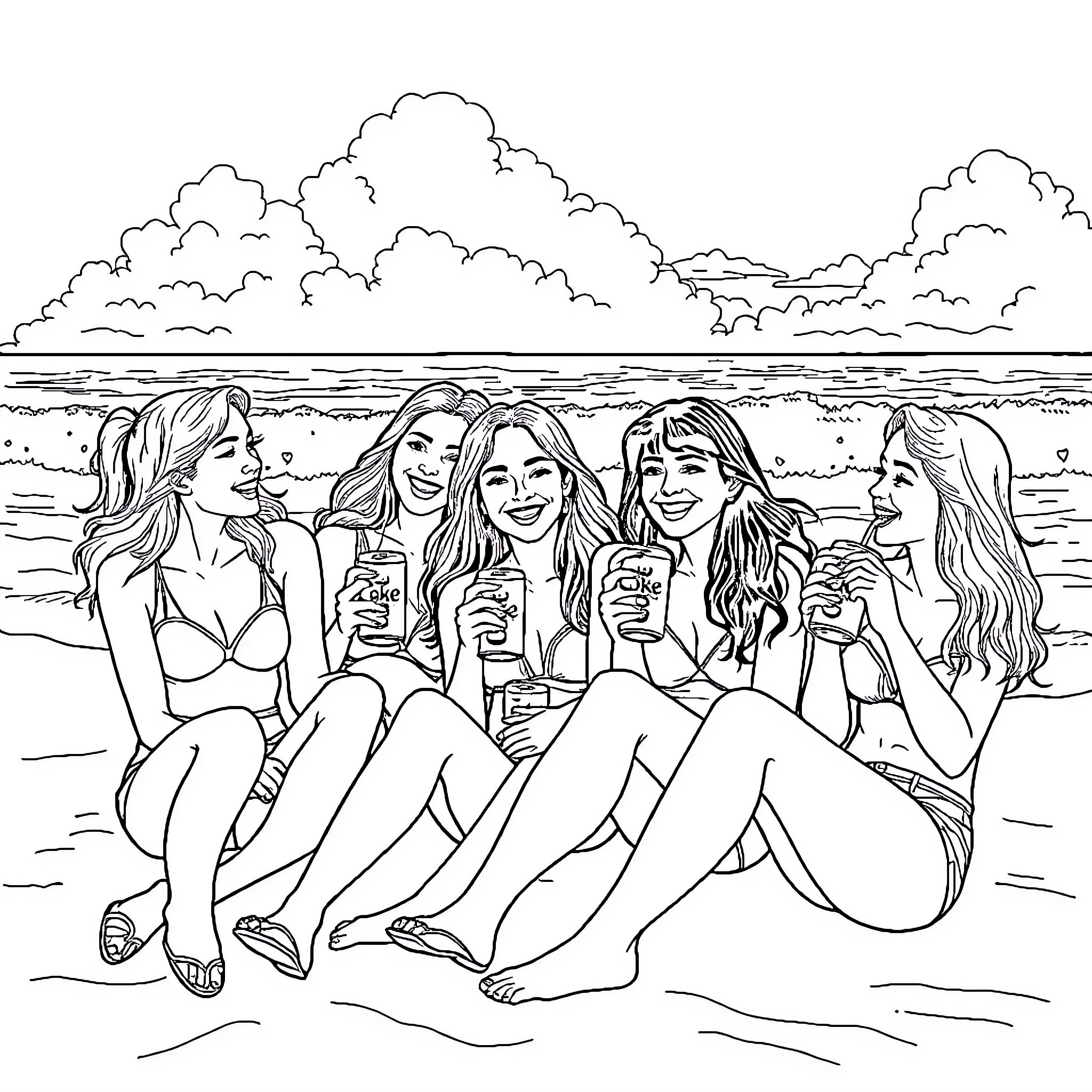 Girls enjoying a day at the beach Coloring Page (free black-and-white line drawing printable PDF for all, from beginners to advanced learners, including children, teens, adults, and seniors)