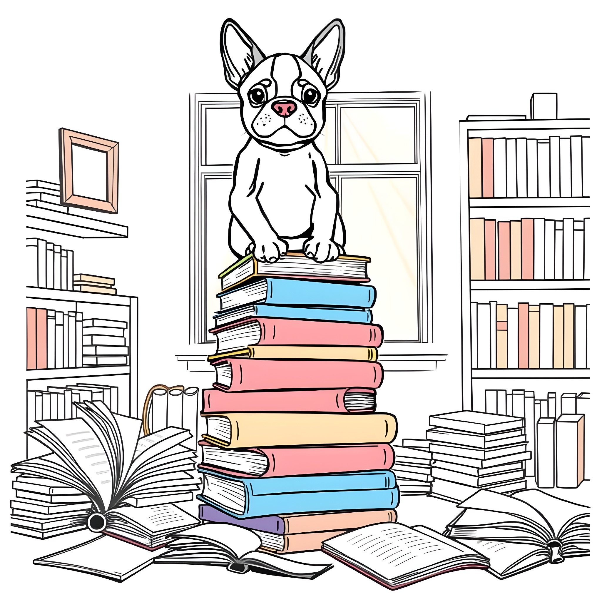 Boston Terrier sitting on a stack of books in a library Coloring Page (free black-and-white line drawing printable PDF for all, from beginners to advanced learners, including children, teens, adults, and seniors)