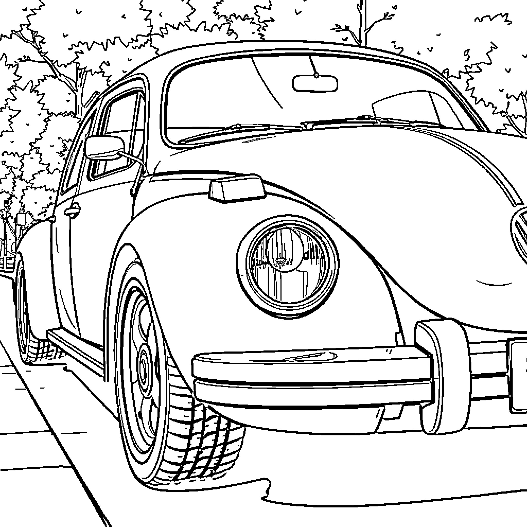 VW Car in Front of Wooded Landscape Coloring Page (free black-and-white line drawing printable PDF for all, from beginners to advanced learners, including children, teens, adults, and seniors)