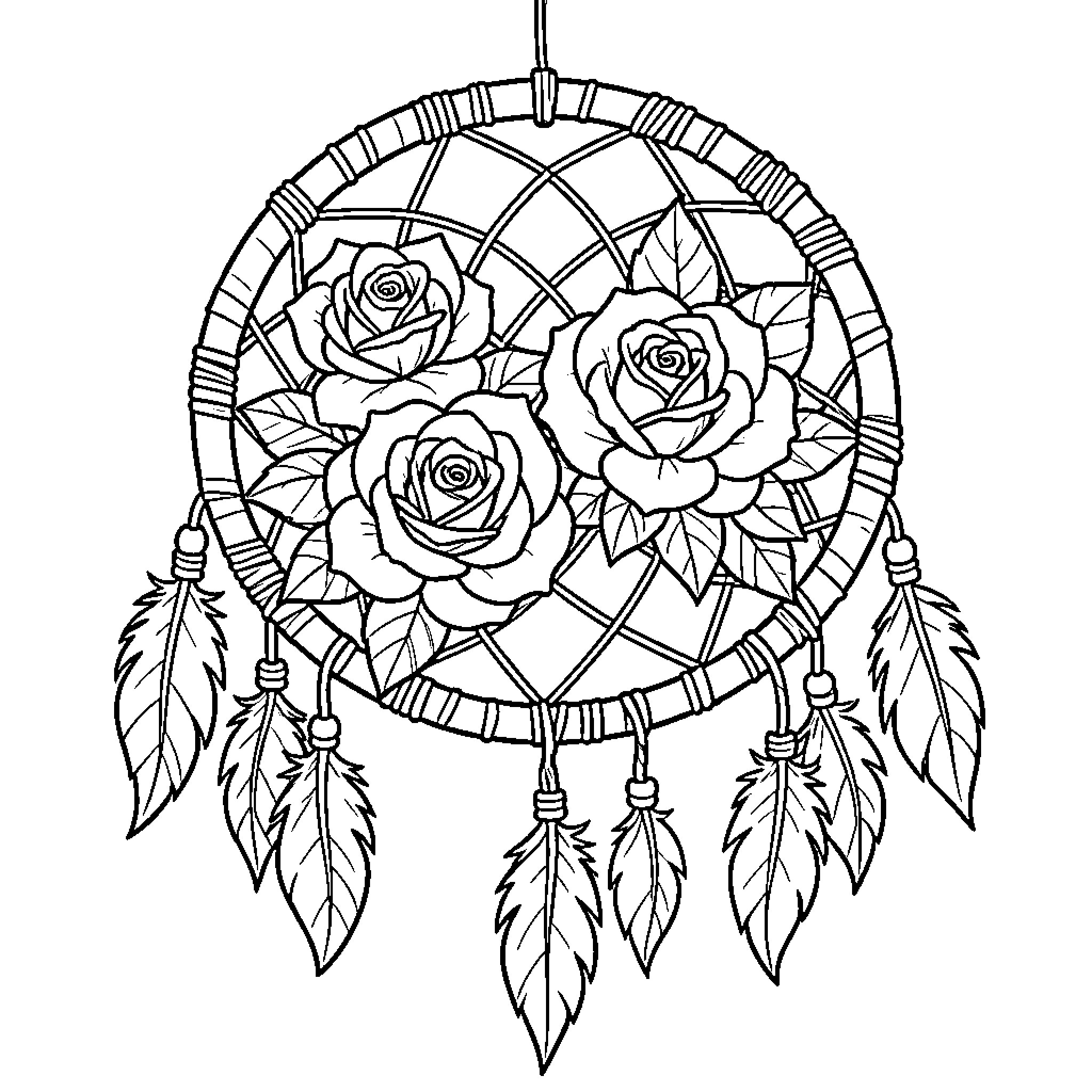 Rose flowers decorating a dreamcatcher with hanging feathers Coloring Page (free black-and-white line drawing printable PDF for all, from beginners to advanced learners, including children, teens, adults, and seniors)