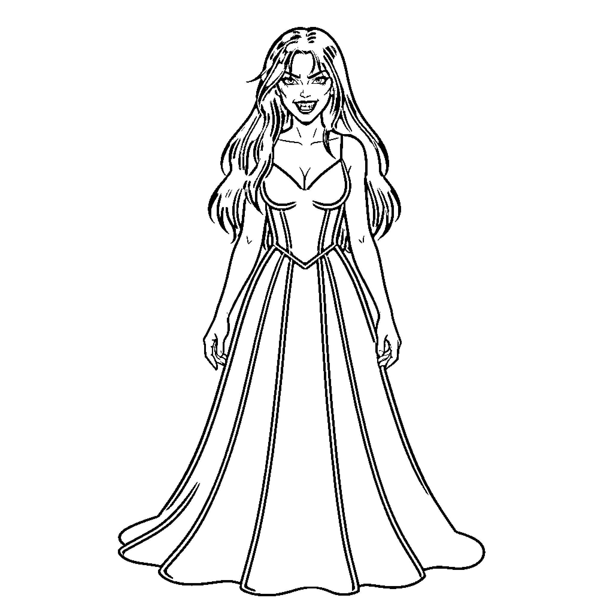 Vampire in Regal Gown Coloring Page (free black-and-white line drawing printable PDF for all, from beginners to advanced learners, including children, teens, adults, and seniors)