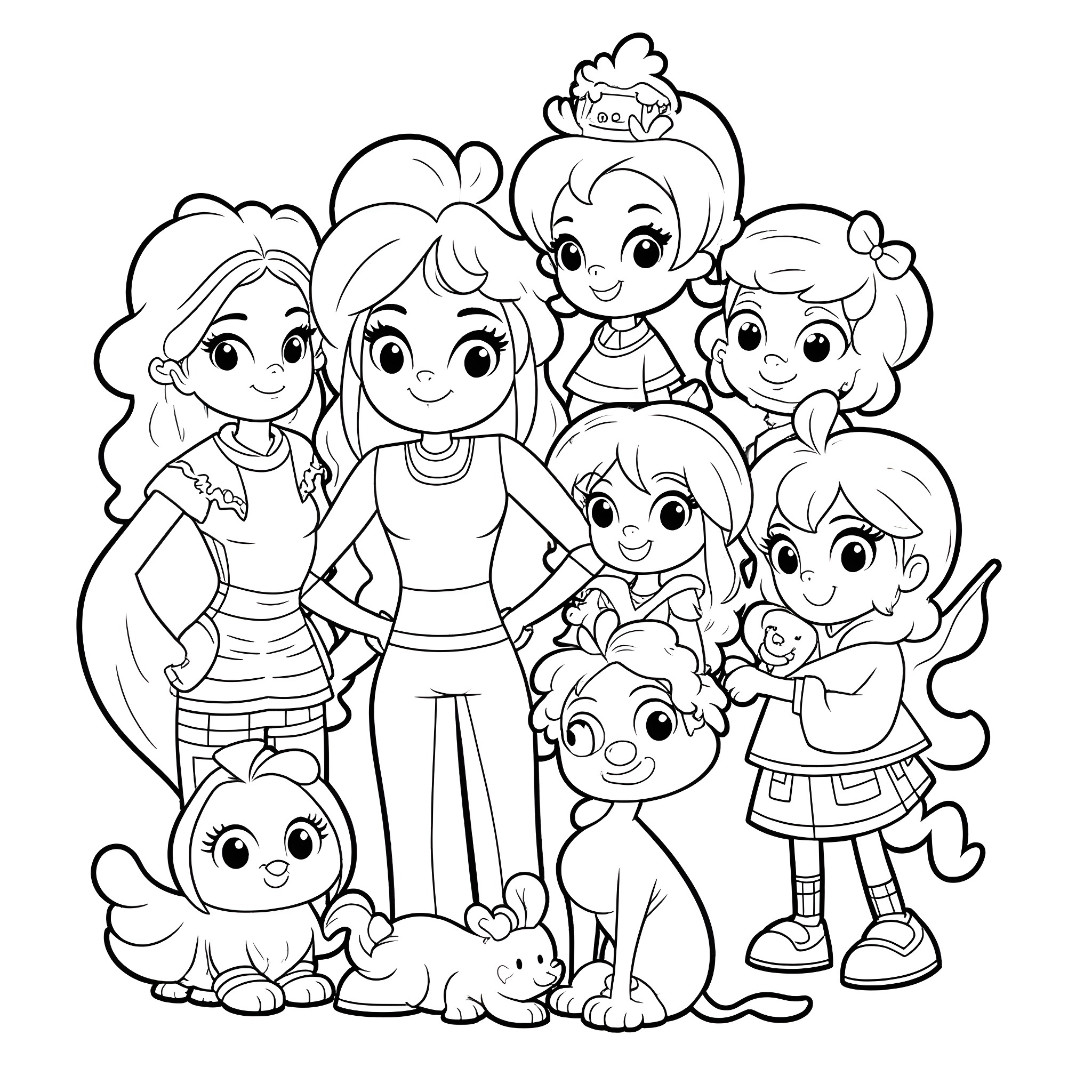 Cartoon group of young girls and pets posing together Coloring Page (free black-and-white line drawing printable PDF for all, from beginners to advanced learners, including children, teens, adults, and seniors)