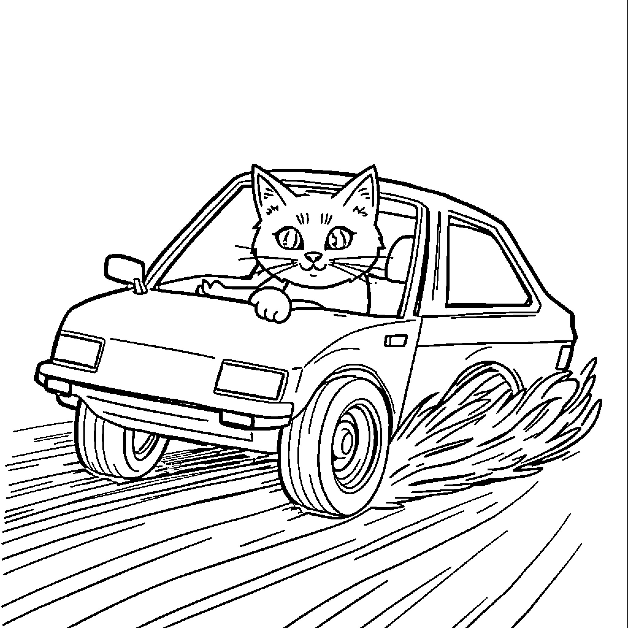 Cat peeking out from car window Coloring Page (free black-and-white line drawing printable PDF for all, from beginners to advanced learners, including children, teens, adults, and seniors)