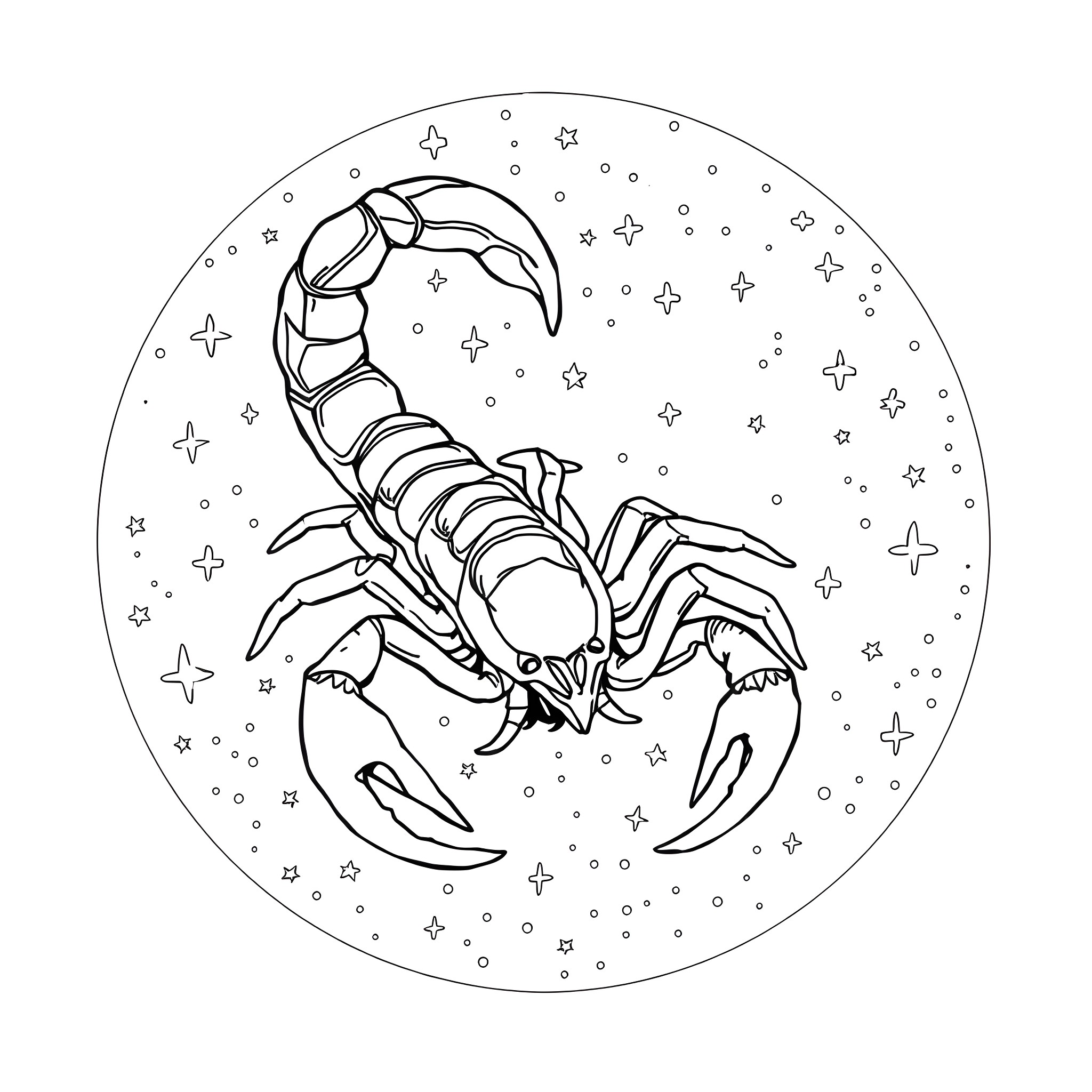 Scorpio zodiac sign in starry night Coloring Page (free black-and-white line drawing printable PDF for all, from beginners to advanced learners, including children, teens, adults, and seniors)