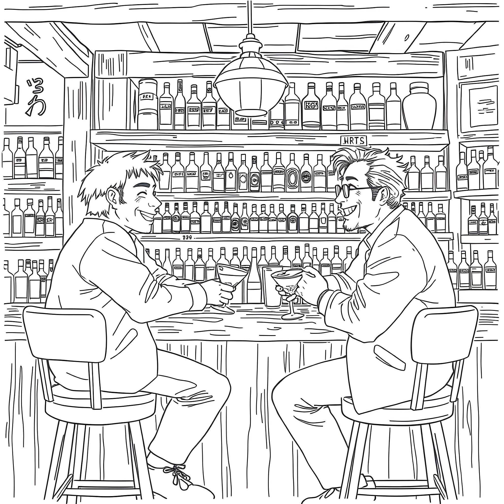 Shota Aizawa discussing work with a friend at a bar Coloring Page (free black-and-white line drawing printable PDF for all, from beginners to advanced learners, including children, teens, adults, and seniors)