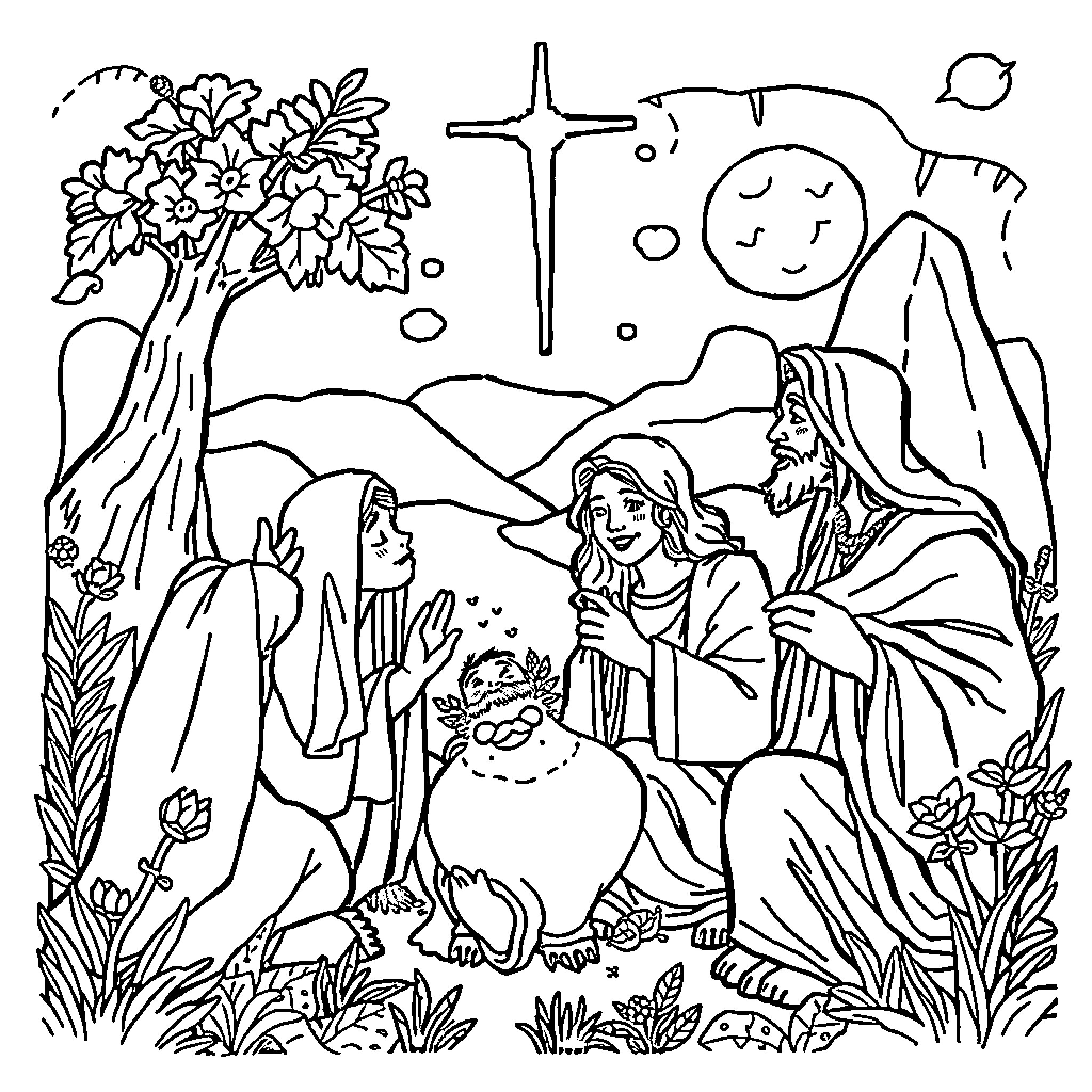 Bible Story of Jesus Blessing Children in Nature Coloring Page (free black-and-white line drawing printable PDF for all, from beginners to advanced learners, including children, teens, adults, and seniors)