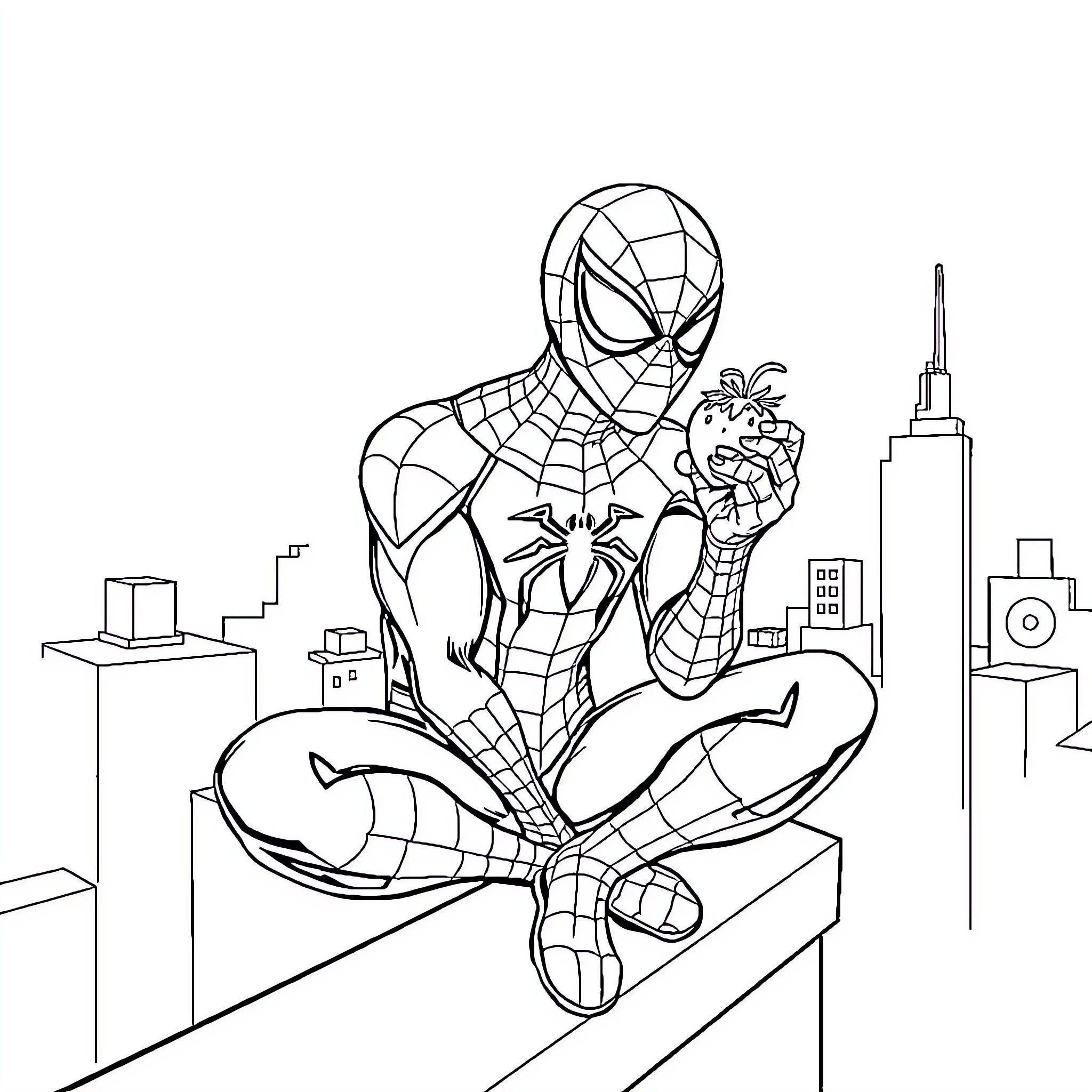 Spiderman swinging through the city skyline Coloring Page (free black-and-white line drawing printable PDF for all, from beginners to advanced learners, including children, teens, adults, and seniors)