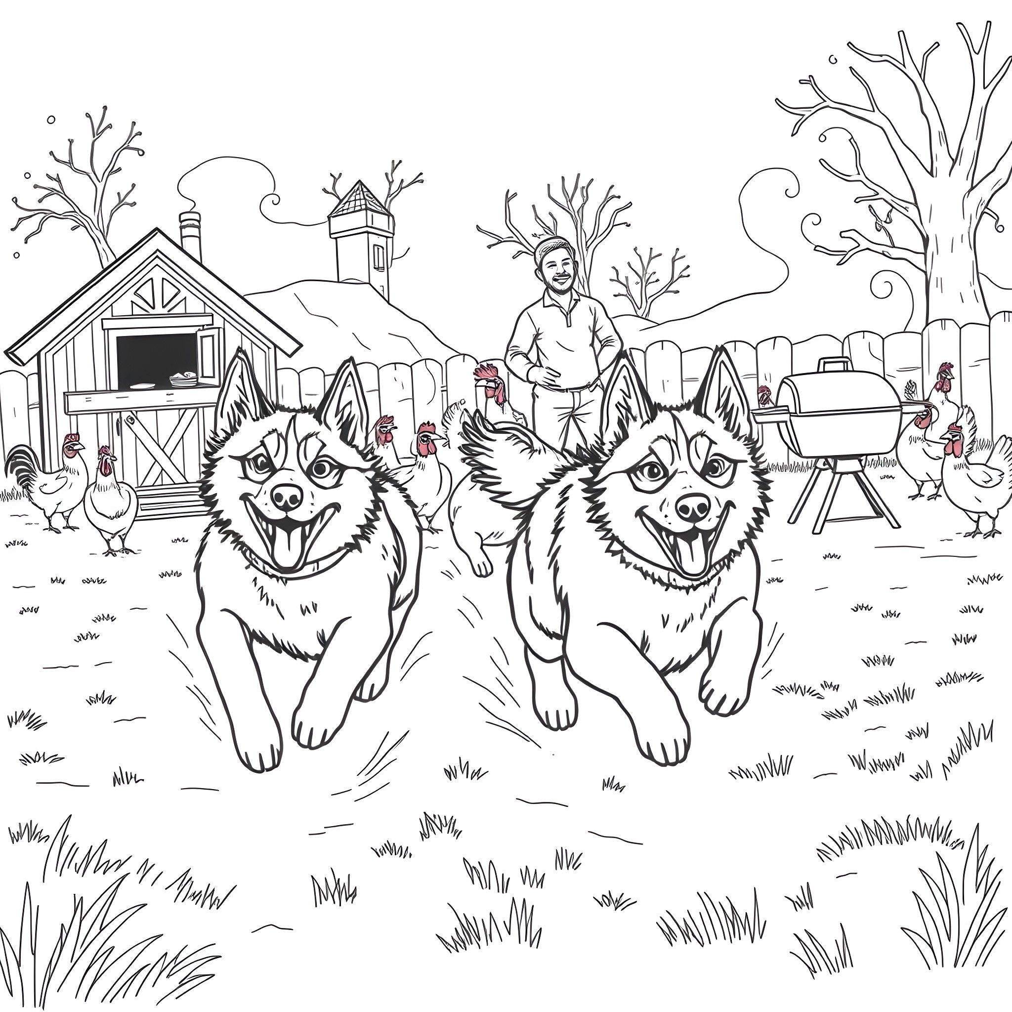 Husky dogs playing happily on a farm Coloring Page (free black-and-white line drawing printable PDF for all, from beginners to advanced learners, including children, teens, adults, and seniors)