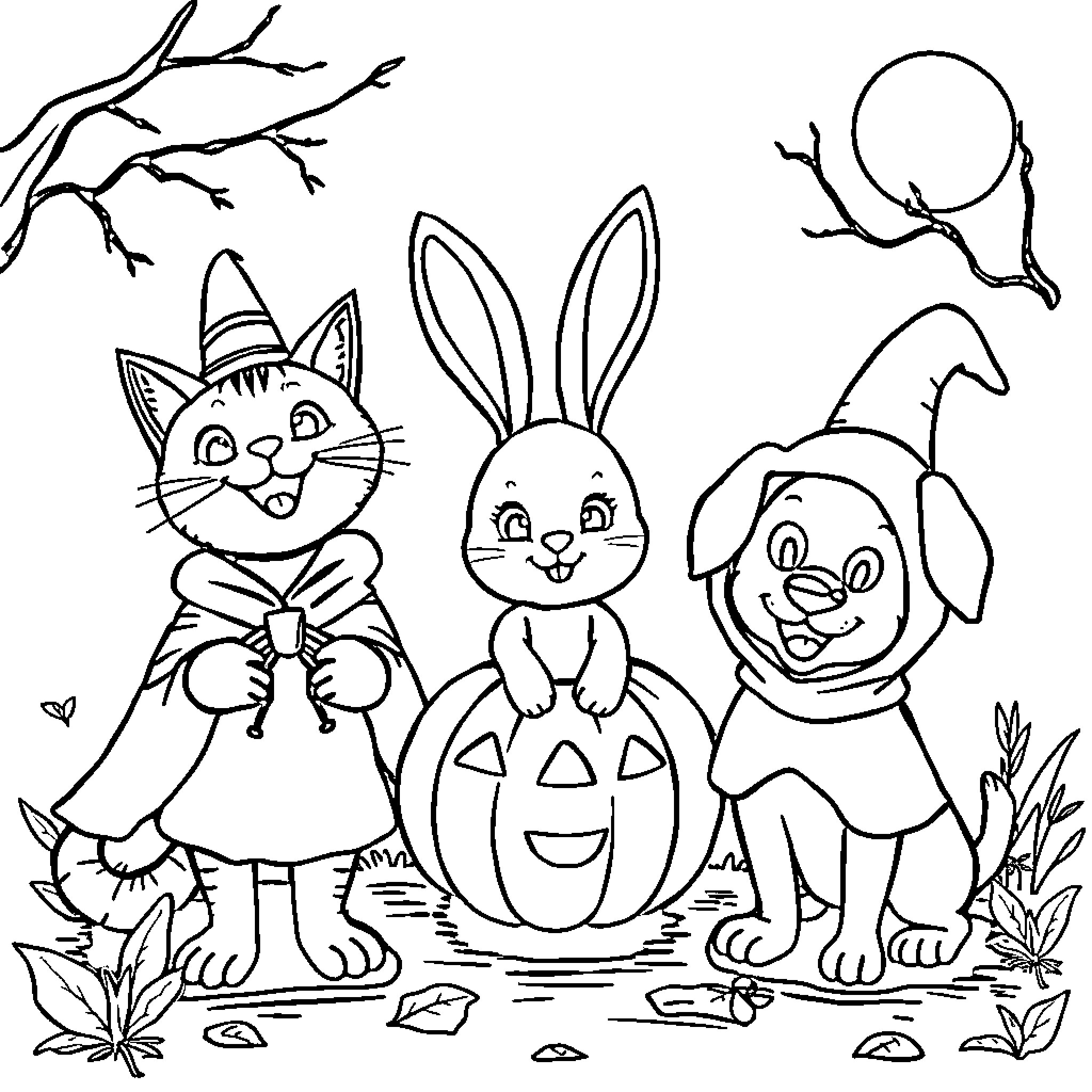 Cat, Bunny, and Puppy in Halloween Costumes Coloring Page (free black-and-white line drawing printable PDF for all, from beginners to advanced learners, including children, teens, adults, and seniors)