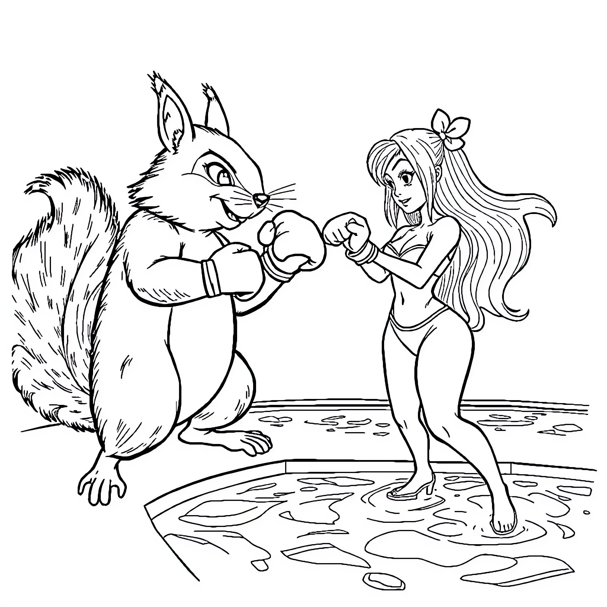 Squirrel and woman having a playful boxing match Coloring Page (free black-and-white line drawing printable PDF for all, from beginners to advanced learners, including children, teens, adults, and seniors)