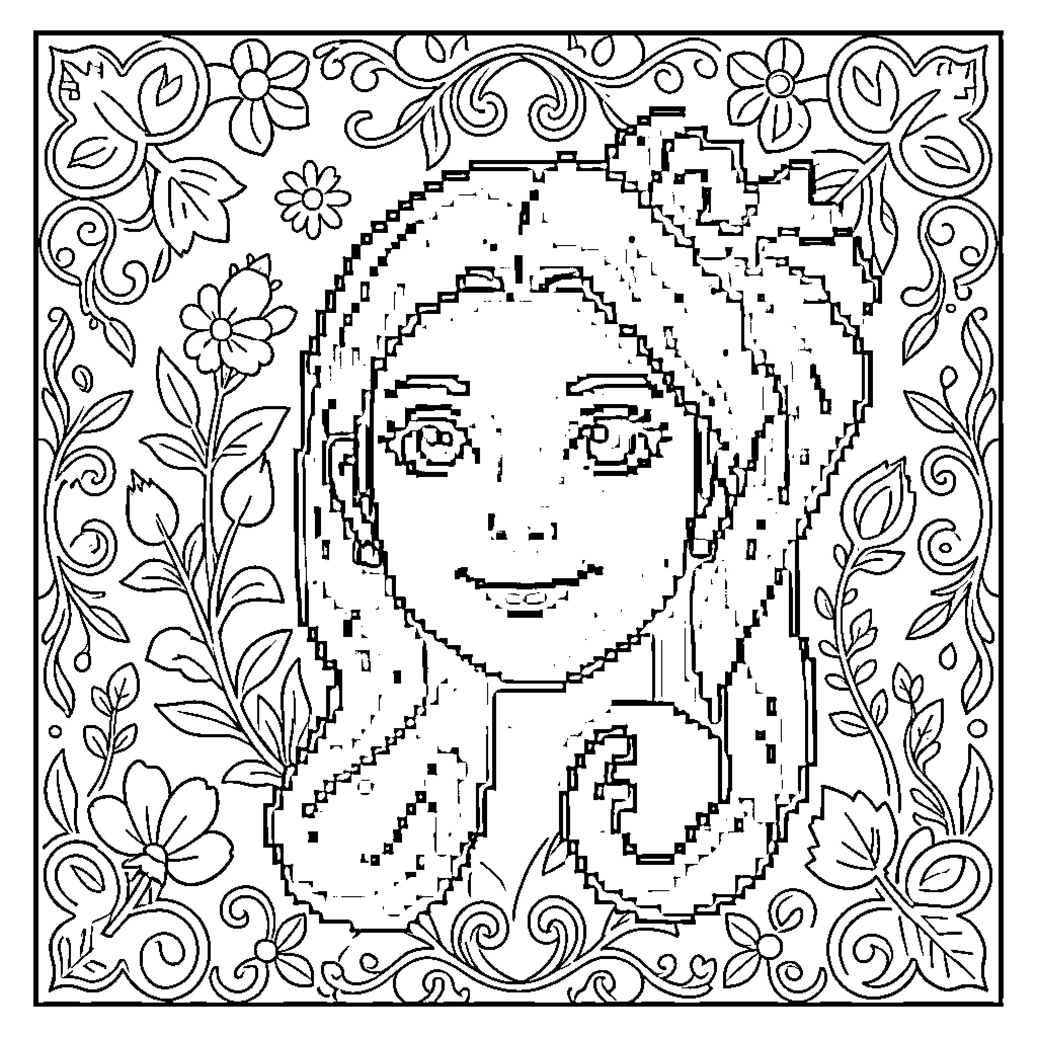 Pixel art of a smiling girl surrounded by flowers Coloring Page (free black-and-white line drawing printable PDF for all, from beginners to advanced learners, including children, teens, adults, and seniors)