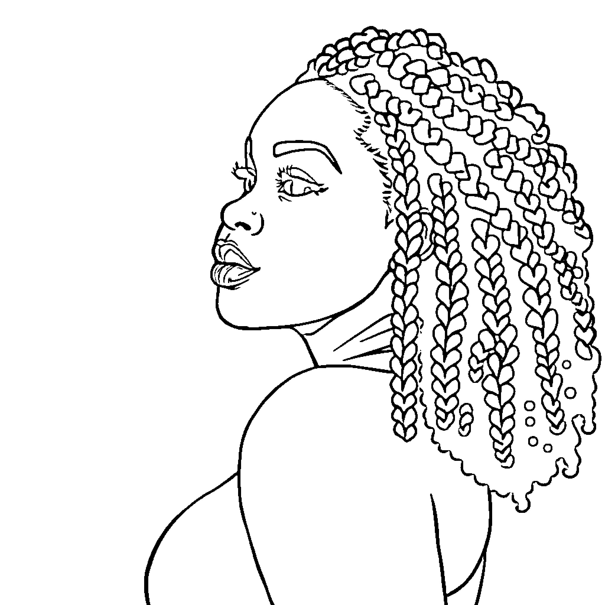 Woman with braided hairstyle and pensive expression Coloring Page (free black-and-white line drawing printable PDF for all, from beginners to advanced learners, including children, teens, adults, and seniors)