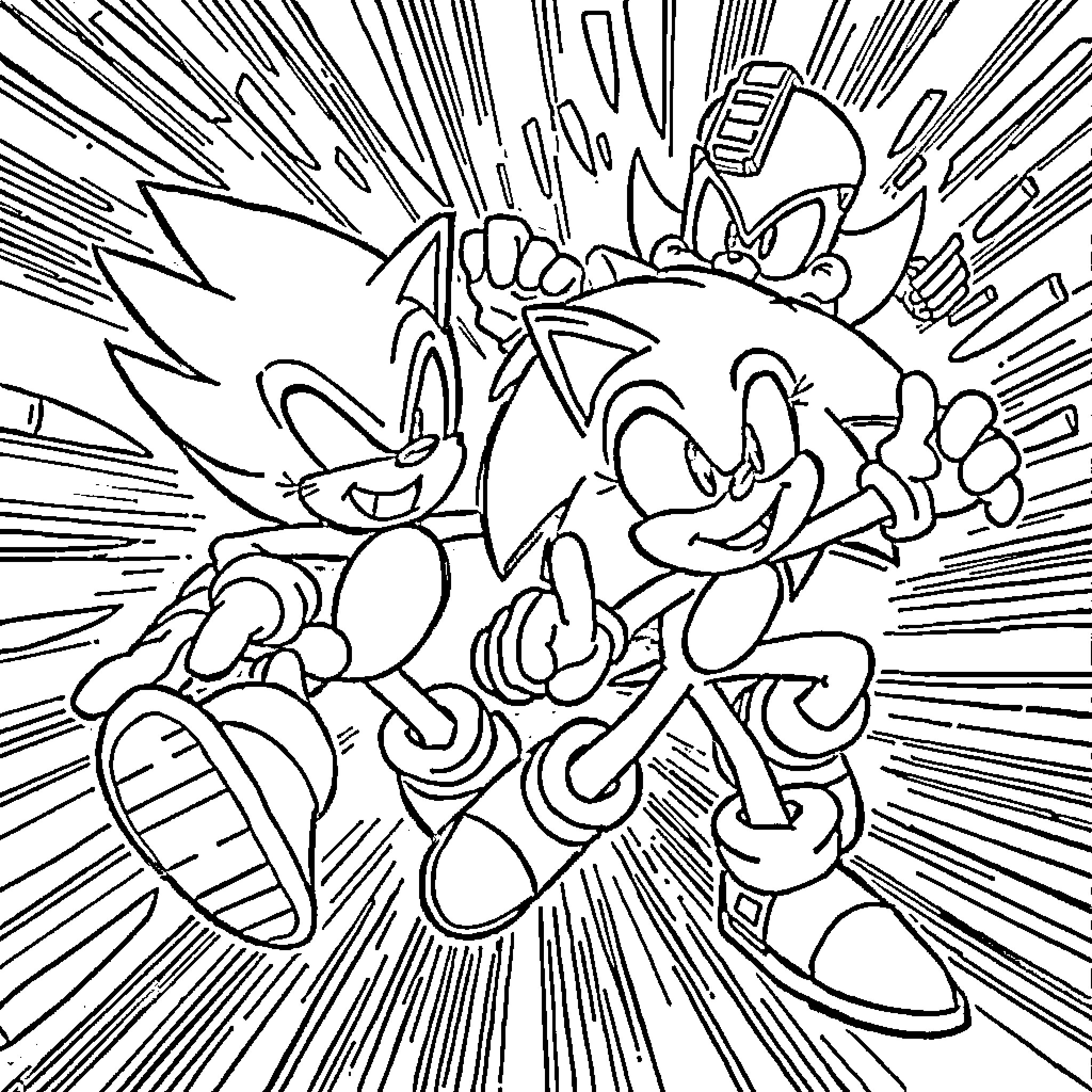 Sonic characters in dynamic action pose Coloring Page (free black-and-white line drawing printable PDF for all, from beginners to advanced learners, including children, teens, adults, and seniors)