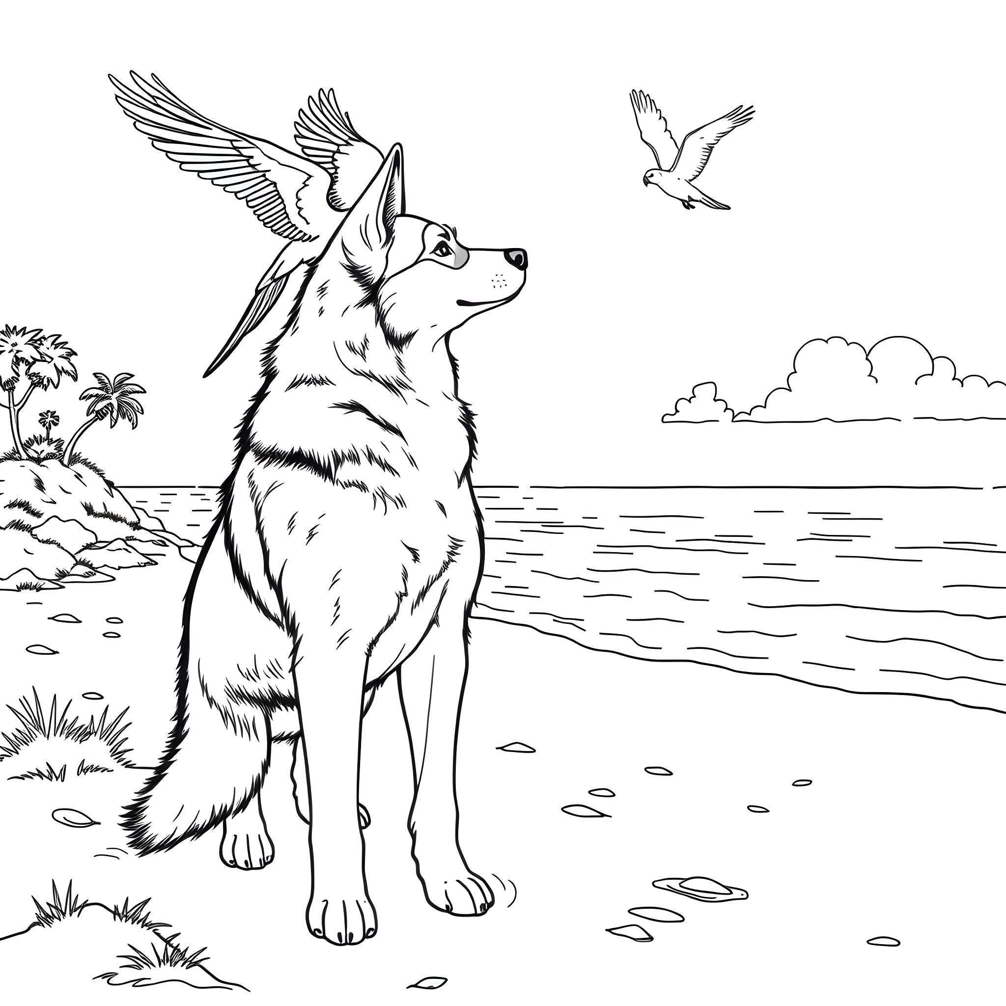 Husky with wings soaring over coastal landscape Coloring Page (free black-and-white line drawing printable PDF for all, from beginners to advanced learners, including children, teens, adults, and seniors)