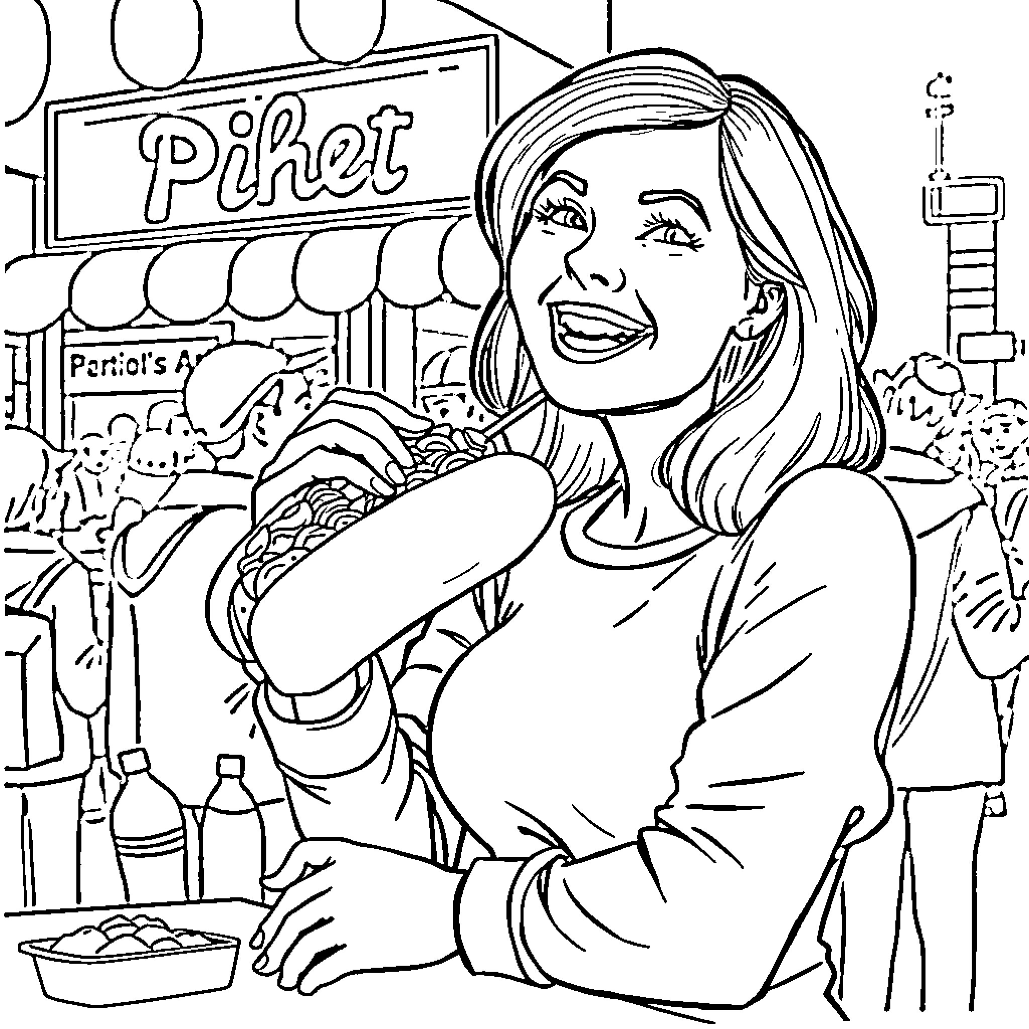 Woman happily enjoying a sandwich at the local diner Coloring Page (free black-and-white line drawing printable PDF for all, from beginners to advanced learners, including children, teens, adults, and seniors)