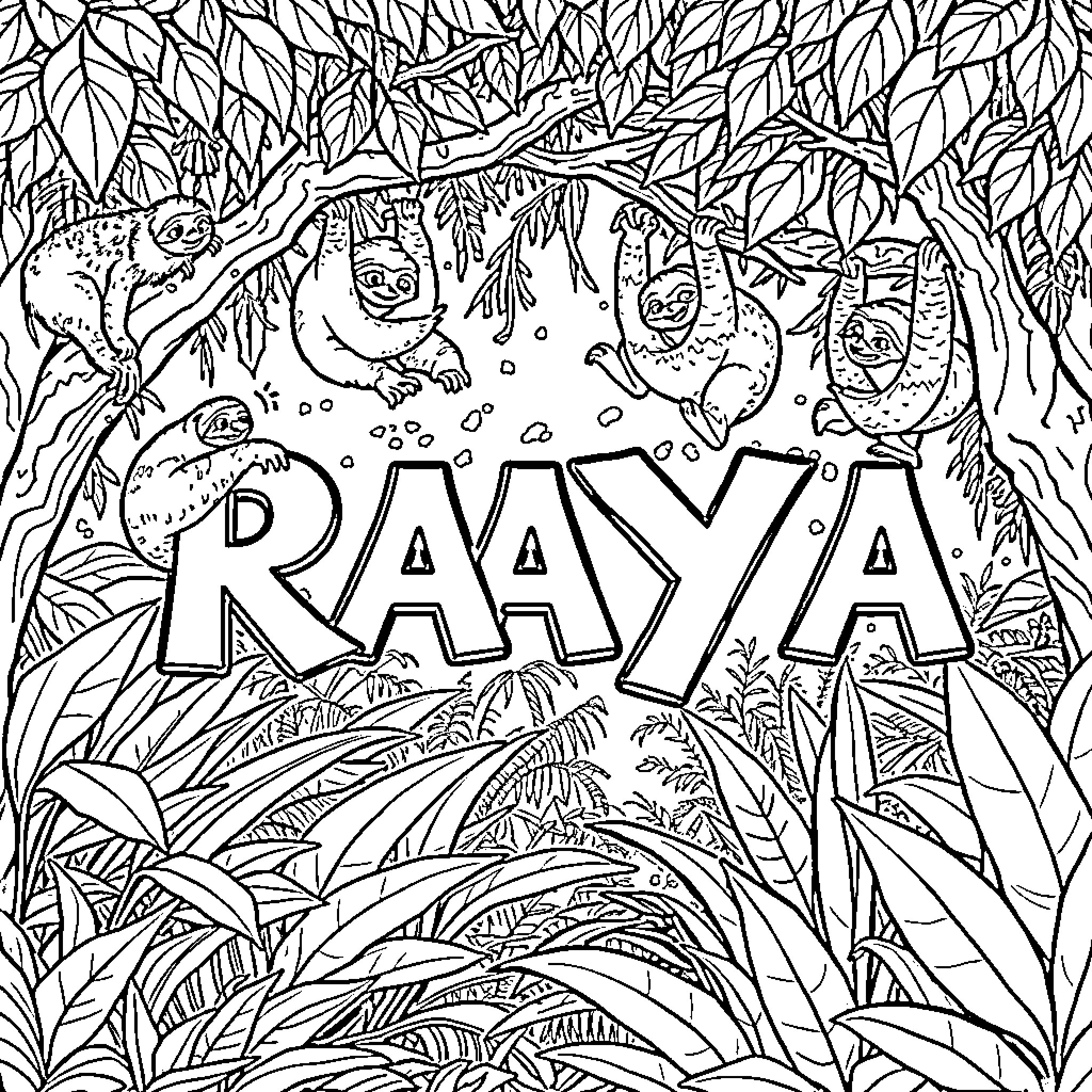 Raya Exploring the Lush Jungle Landscape Coloring Page (free black-and-white line drawing printable PDF for all, from beginners to advanced learners, including children, teens, adults, and seniors)