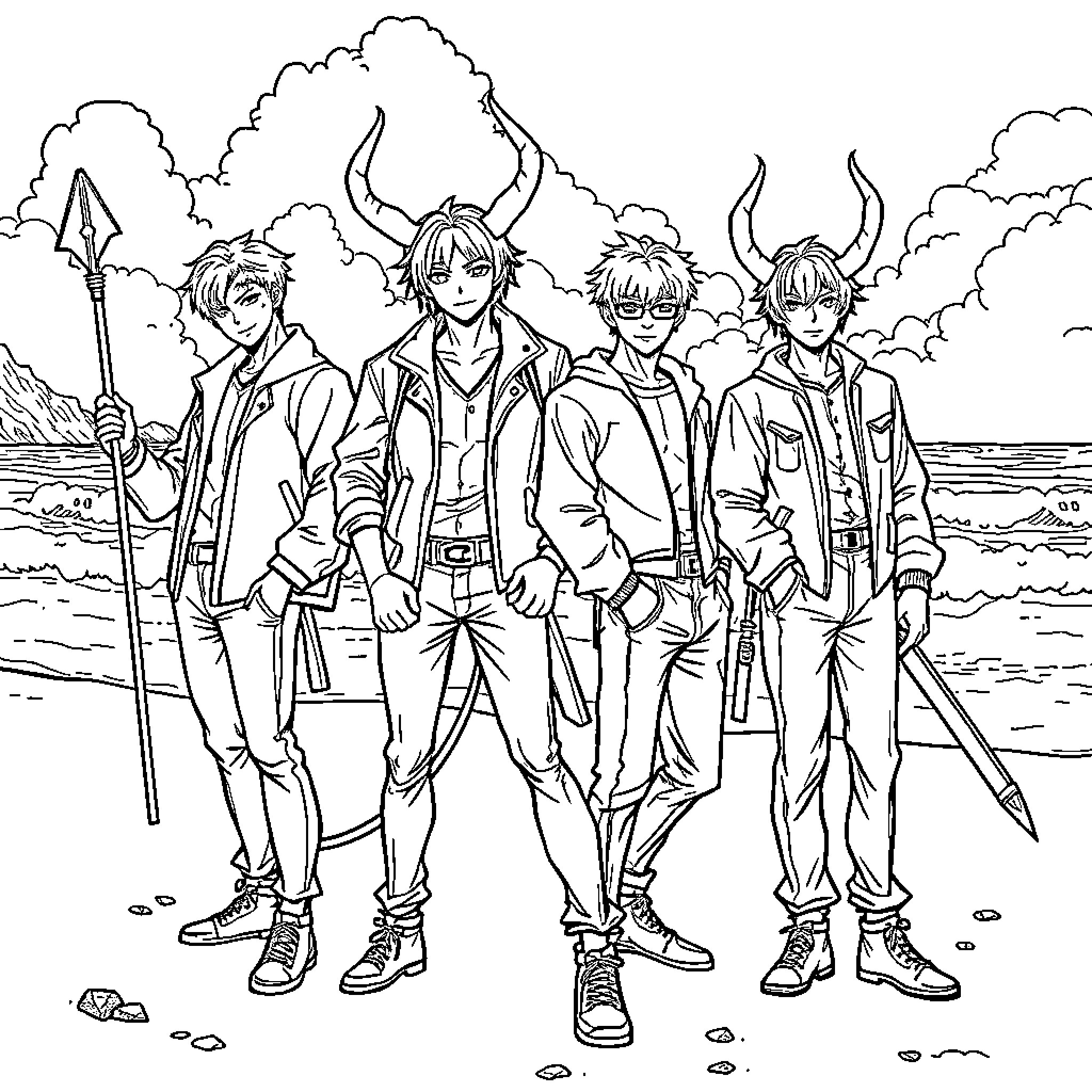 Saja Boys Venture into the Wilderness Coloring Page (free black-and-white line drawing printable PDF for all, from beginners to advanced learners, including children, teens, adults, and seniors)