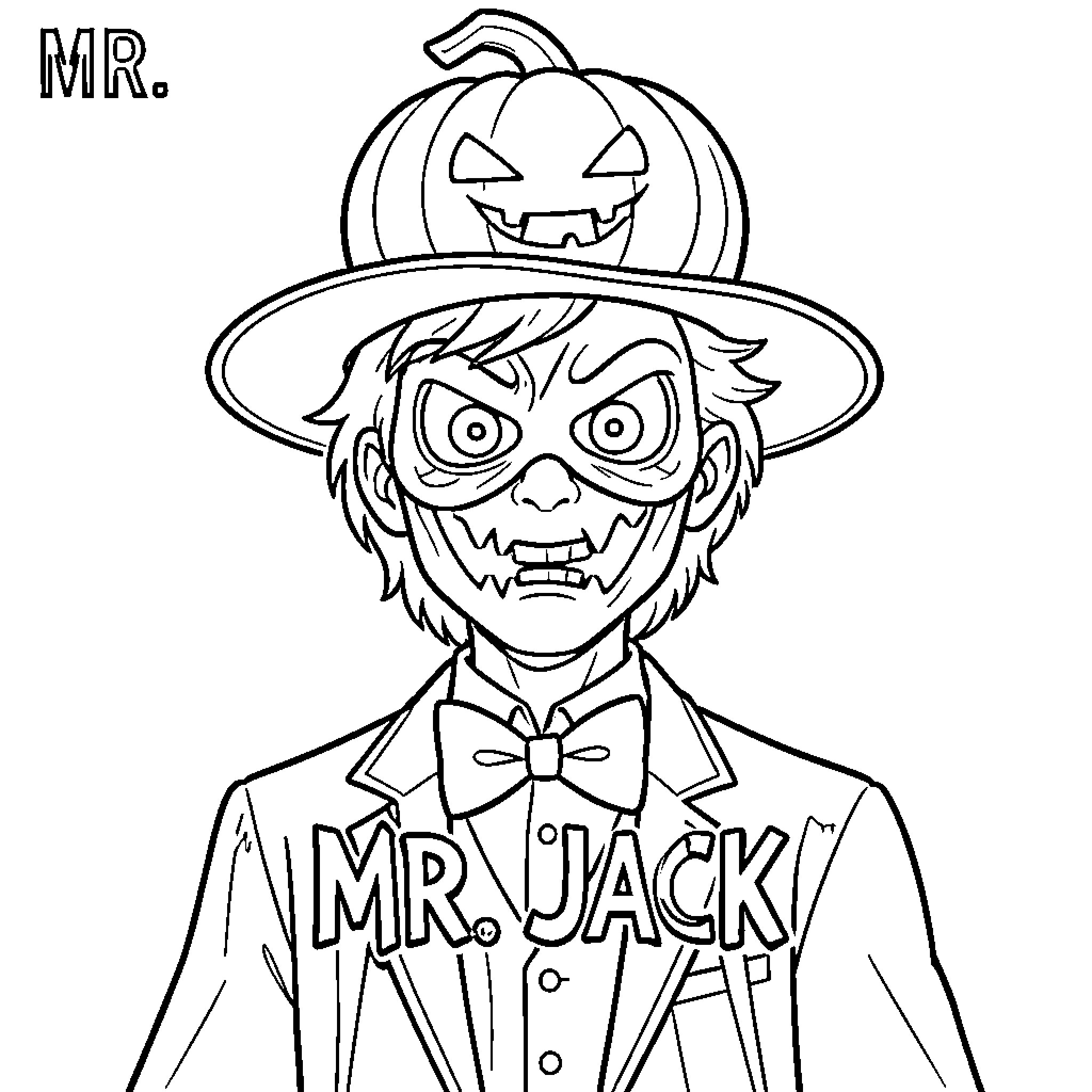 Jack wearing a pumpkin hat and spooky mask Coloring Page (free black-and-white line drawing printable PDF for all, from beginners to advanced learners, including children, teens, adults, and seniors)