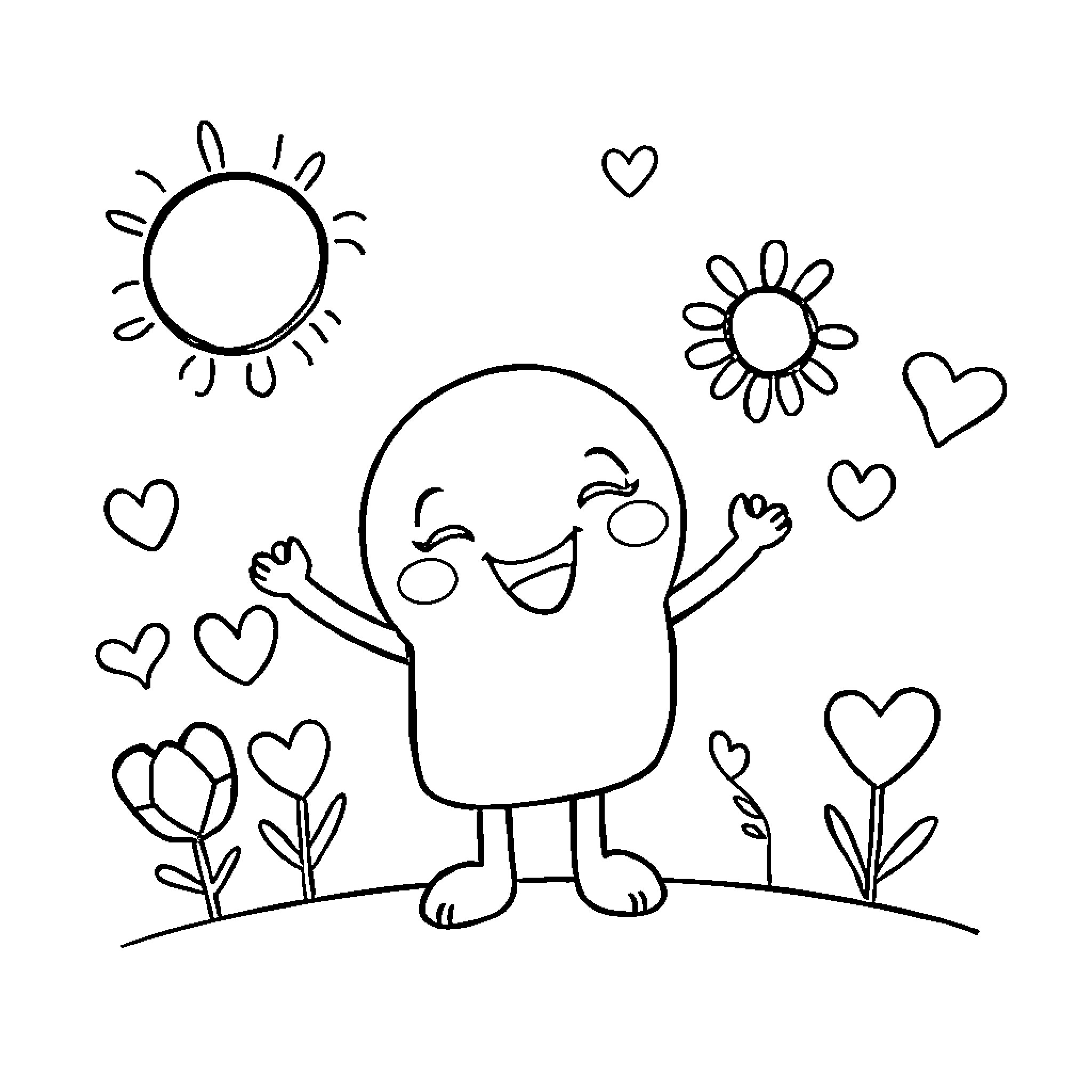 Drawing of a happy character surrounded by flowers and hearts Coloring Page (free black-and-white line drawing printable PDF for all, from beginners to advanced learners, including children, teens, adults, and seniors)