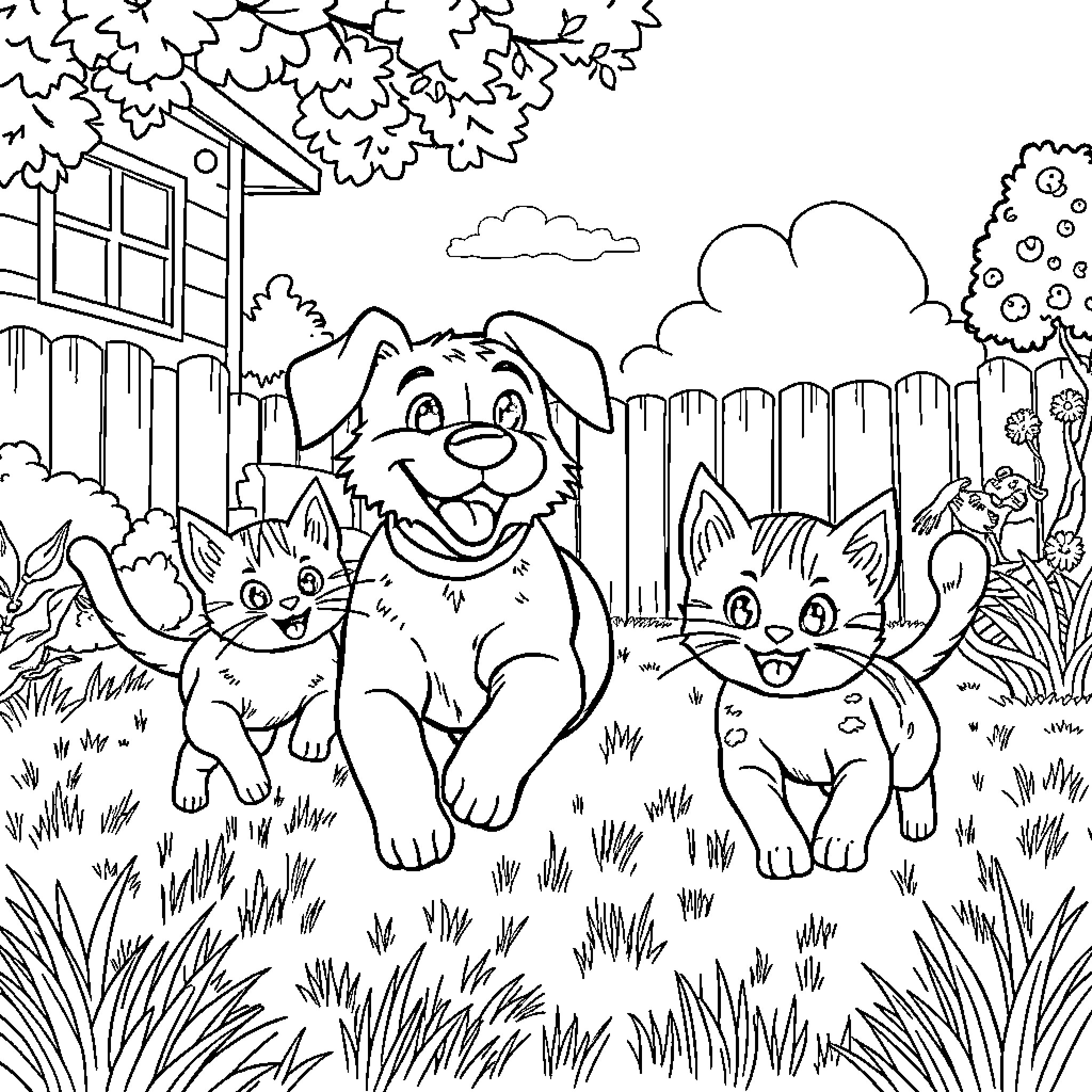 Kitty friends playing in the backyard Coloring Page (free black-and-white line drawing printable PDF for all, from beginners to advanced learners, including children, teens, adults, and seniors)