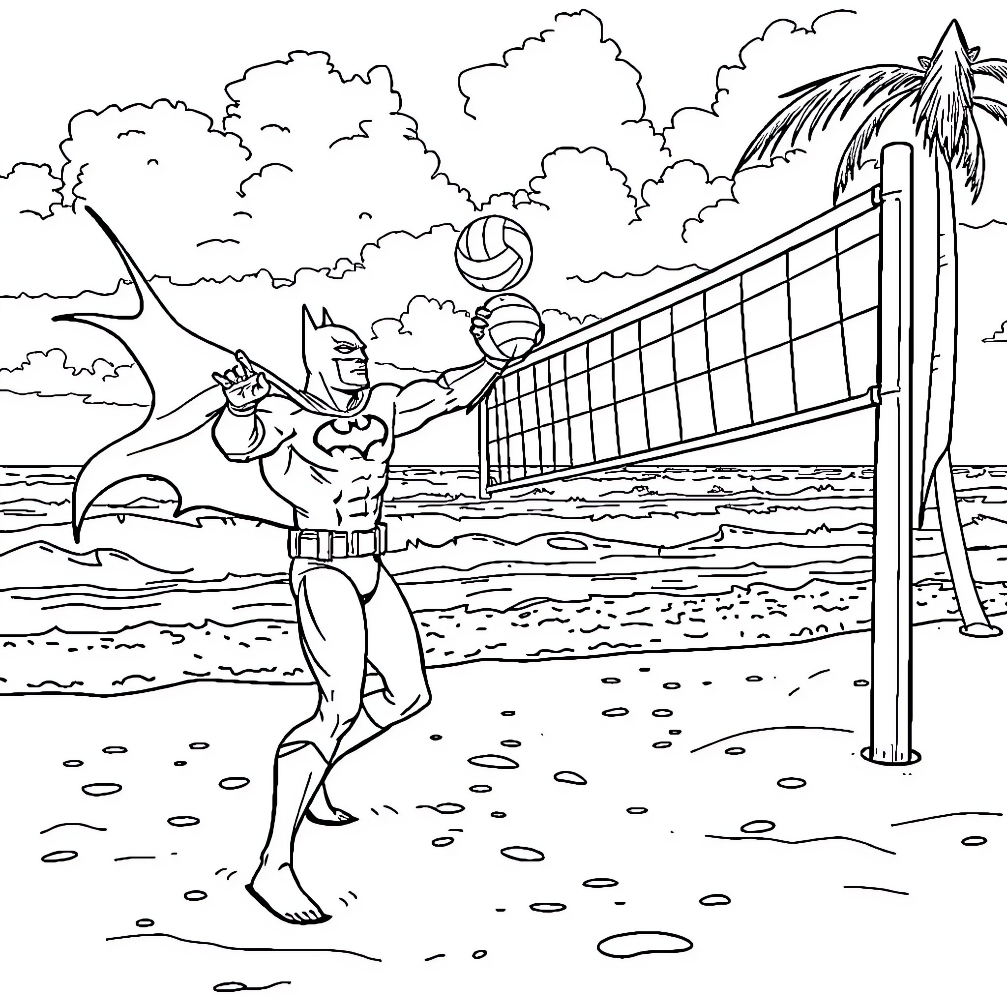 Batman enjoying a game of beach volleyball Coloring Page (free black-and-white line drawing printable PDF for all, from beginners to advanced learners, including children, teens, adults, and seniors)