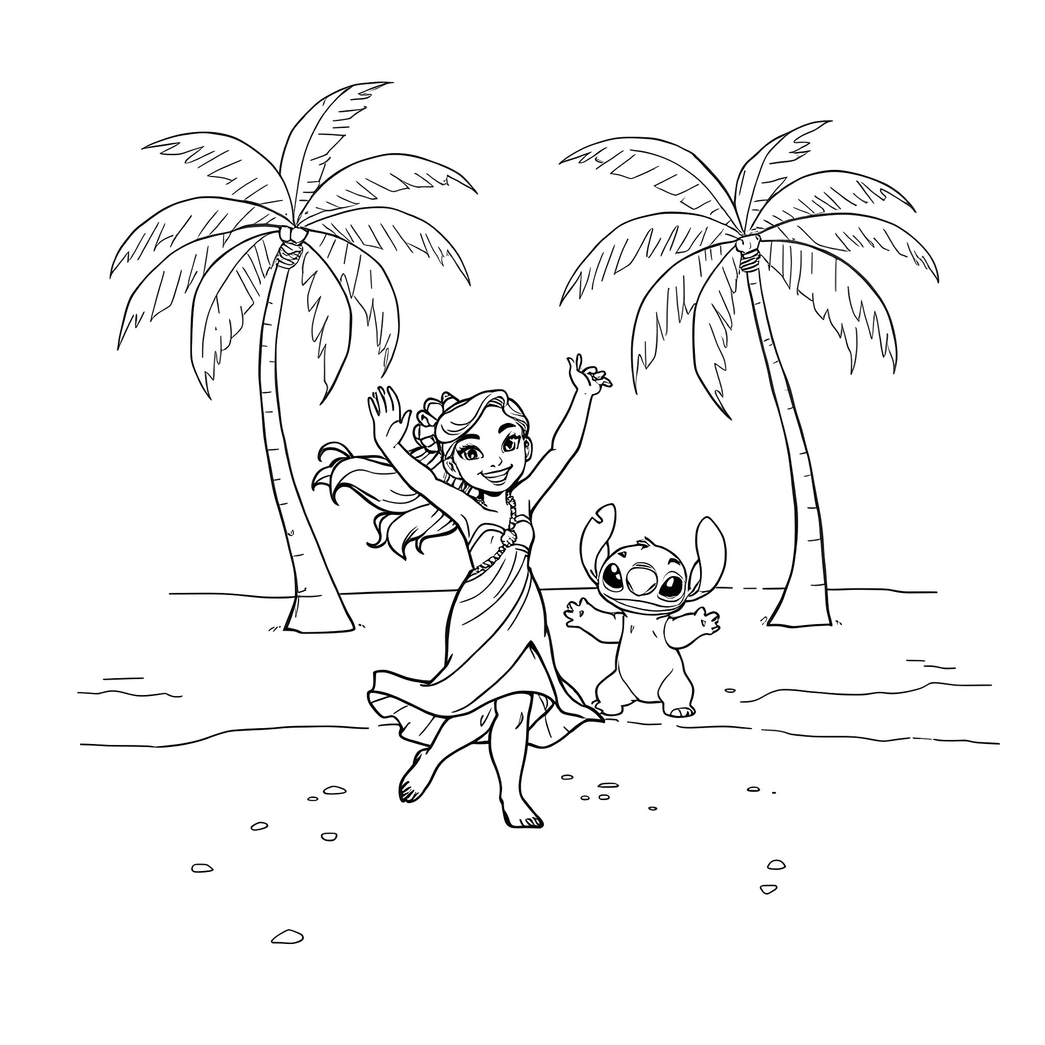 Lilo playing with Stitch on the beach Coloring Page (free black-and-white line drawing printable PDF for all, from beginners to advanced learners, including children, teens, adults, and seniors)