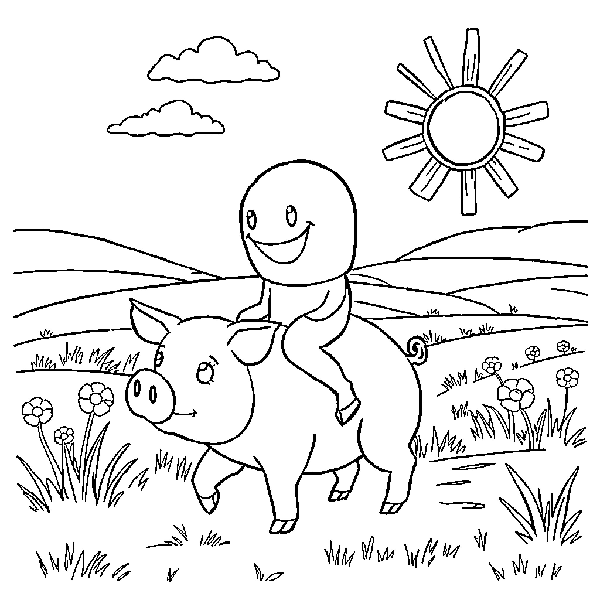 Jellyhead enjoys a sunny ride on a happy pig Coloring Page (free black-and-white line drawing printable PDF for all, from beginners to advanced learners, including children, teens, adults, and seniors)