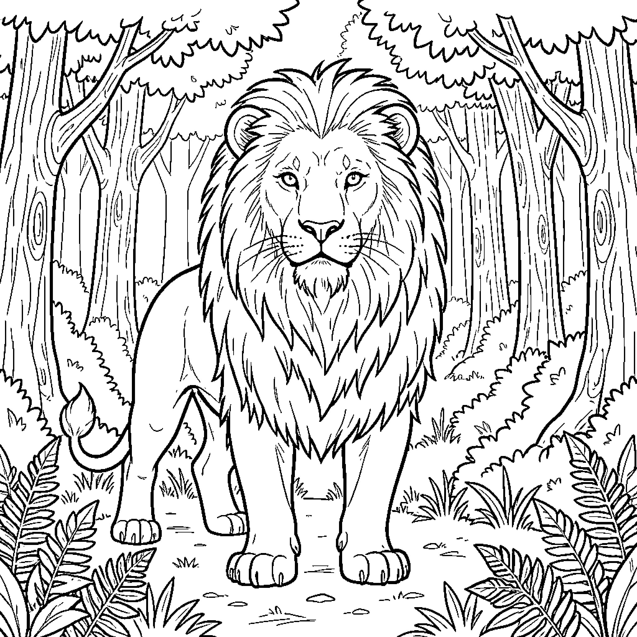 Lion in the Jungle Forest Coloring Page (free black-and-white line drawing printable PDF for all, from beginners to advanced learners, including children, teens, adults, and seniors)