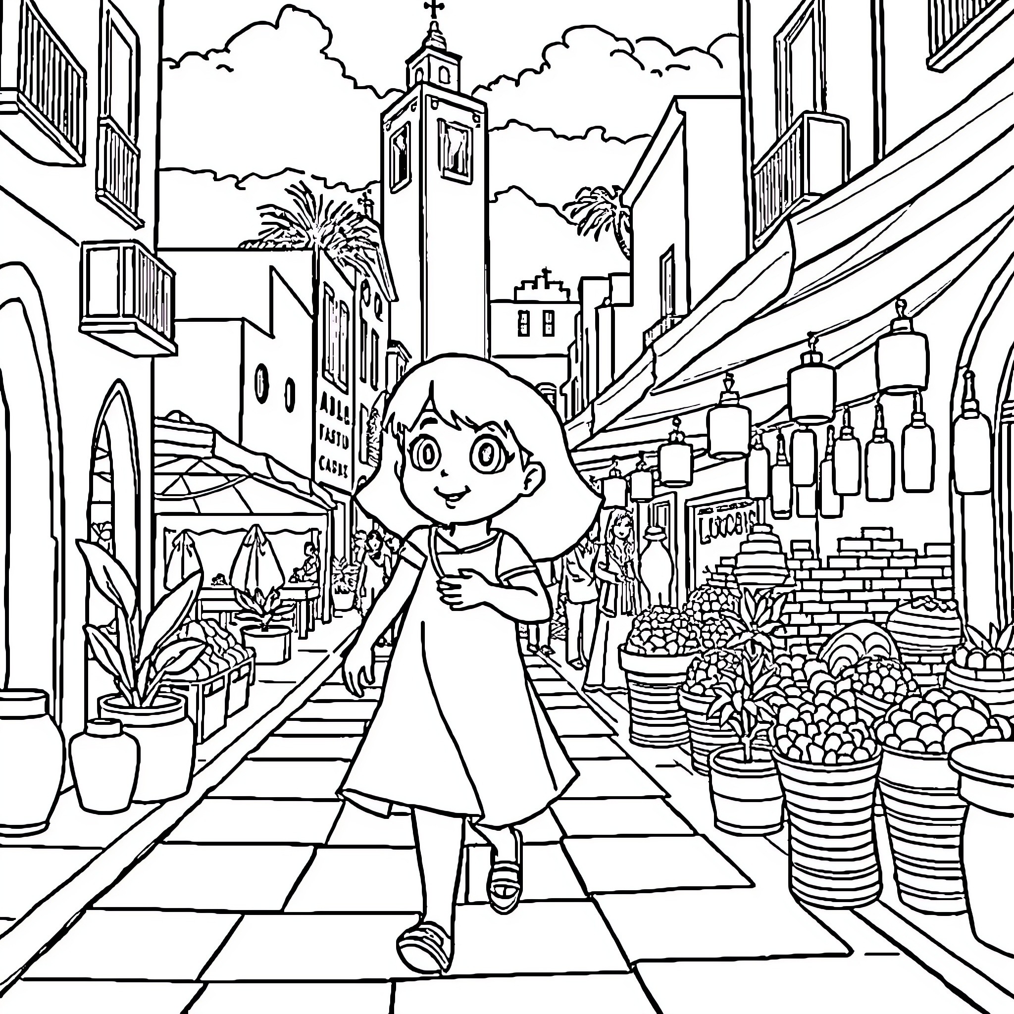 Dora explores a vibrant marketplace Coloring Page (free black-and-white line drawing printable PDF for all, from beginners to advanced learners, including children, teens, adults, and seniors)